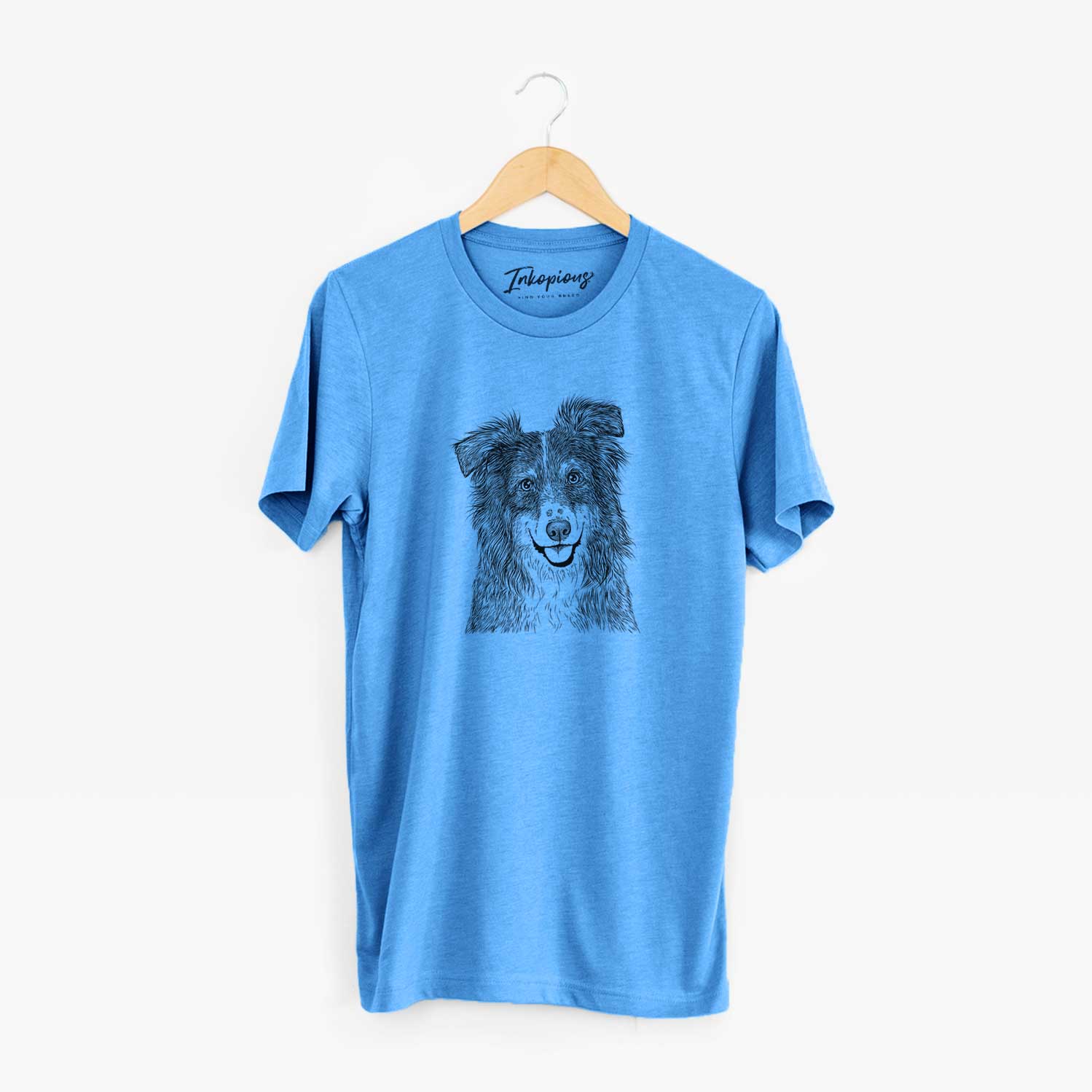Hand-drawn sketch of Aushe the Australian Shepherd on a Blue Unisex crewneck