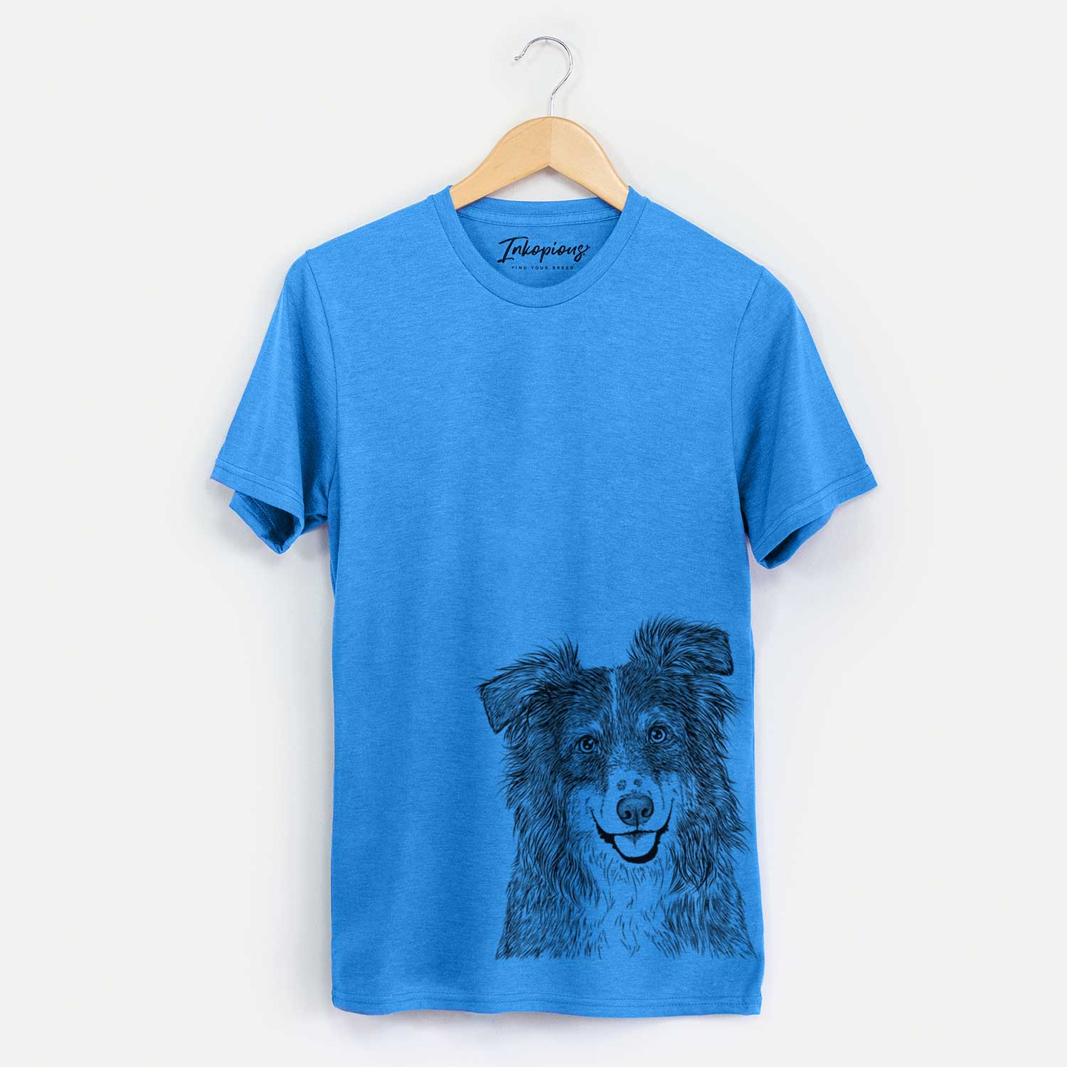 Hand-drawn sketch of Aushe the Australian Shepherd on a Blue Unisex crewneck