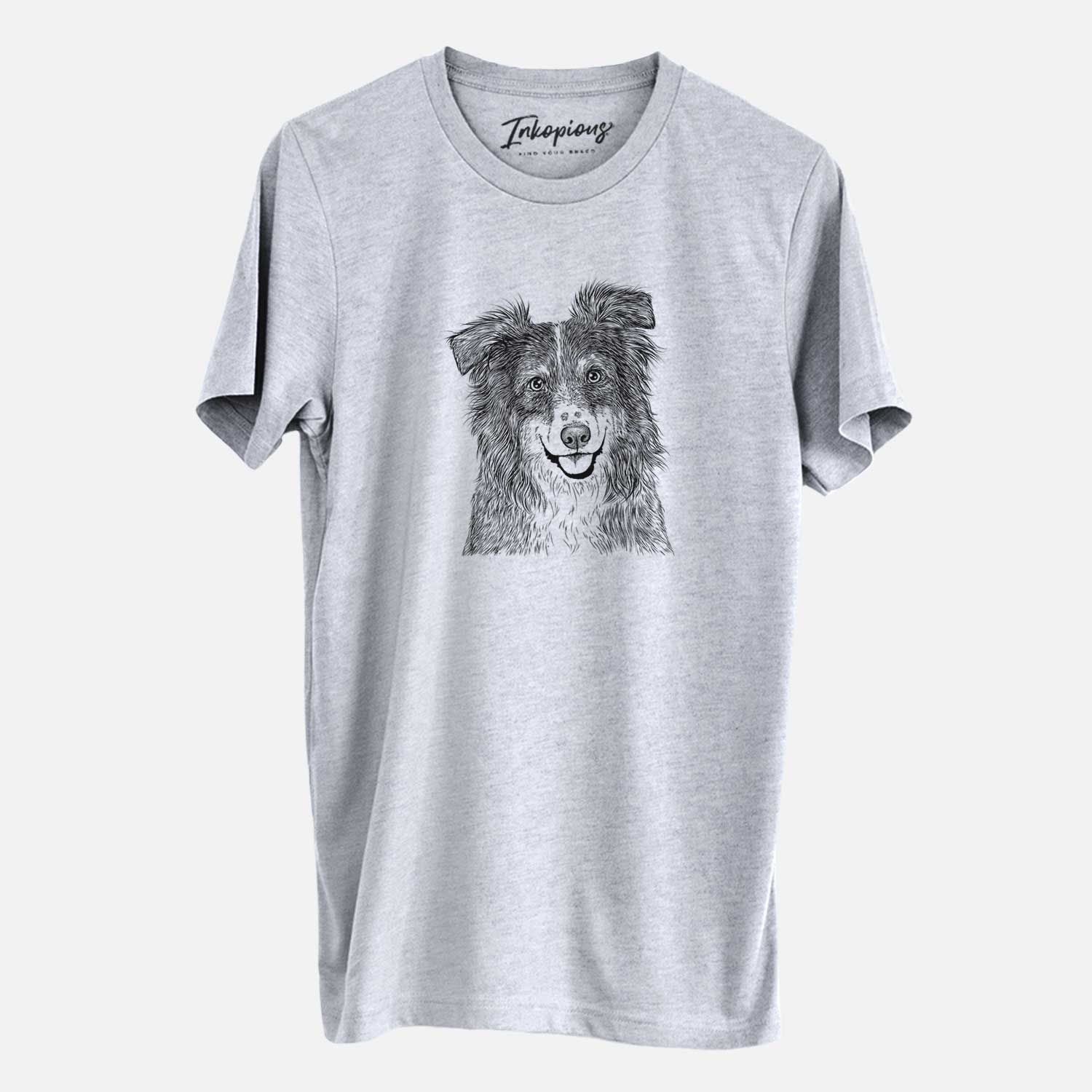 Hand-drawn sketch of Aushe the Australian Shepherd on a Grey Unisex crewneck