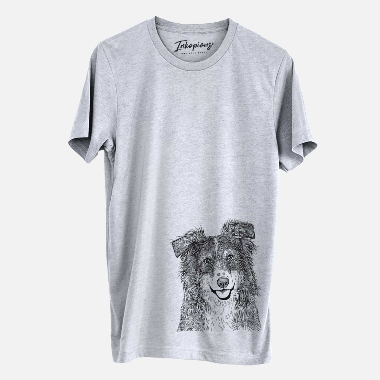 Hand-drawn sketch of Aushe the Australian Shepherd on a Grey Unisex crewneck