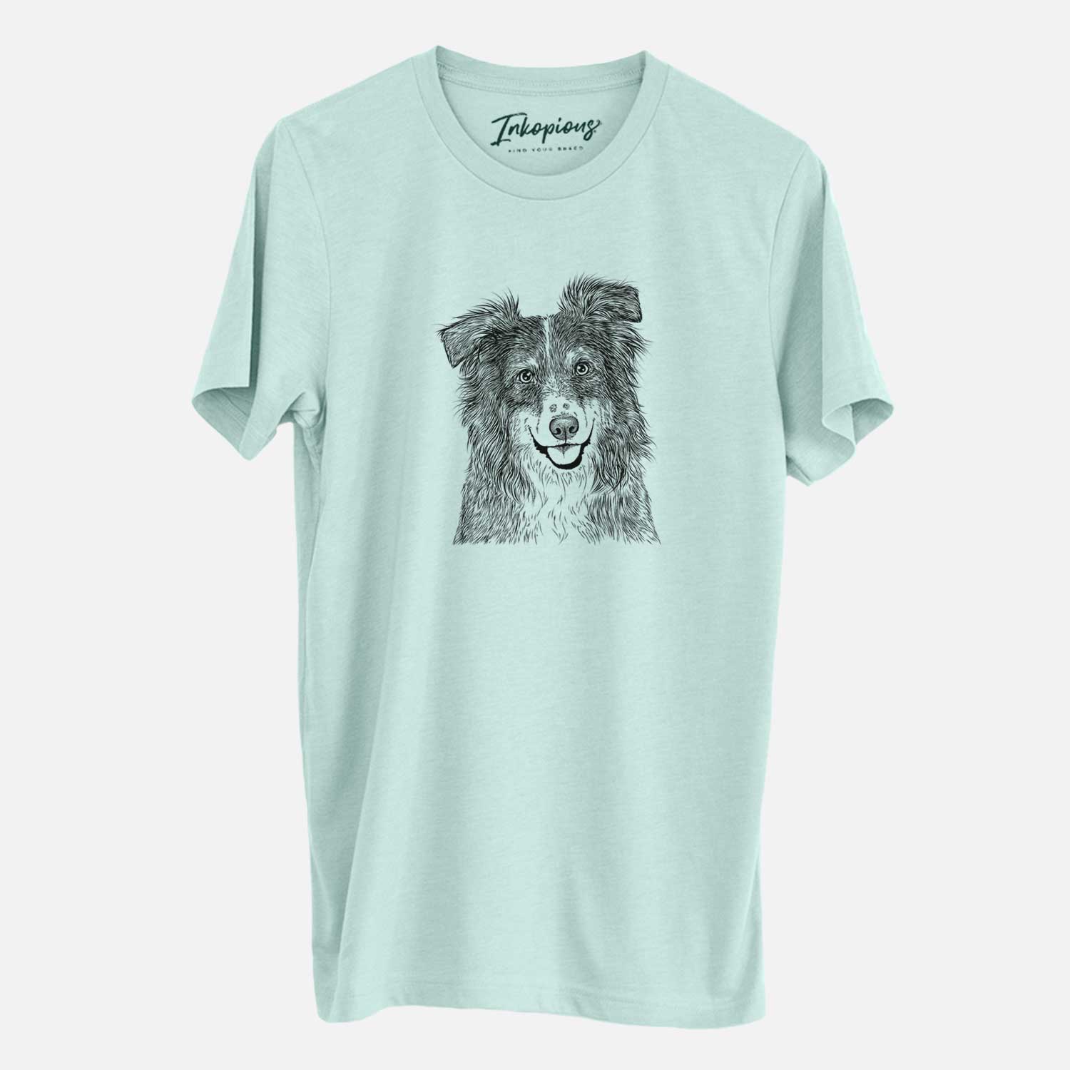 Hand-drawn sketch of Aushe the Australian Shepherd on a Heather Sage Unisex crewneck