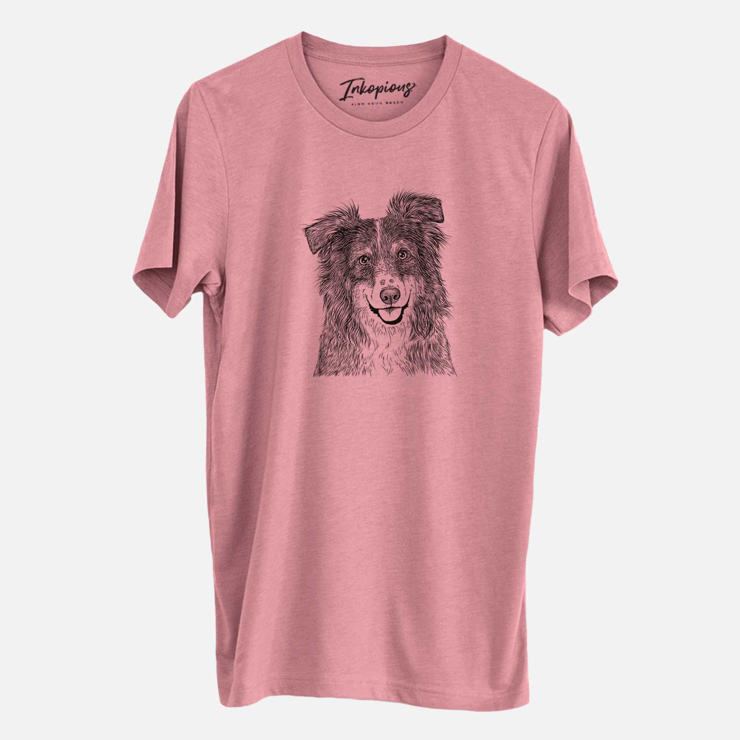 Hand-drawn sketch of Aushe the Australian Shepherd on a Mauve Unisex crewneck