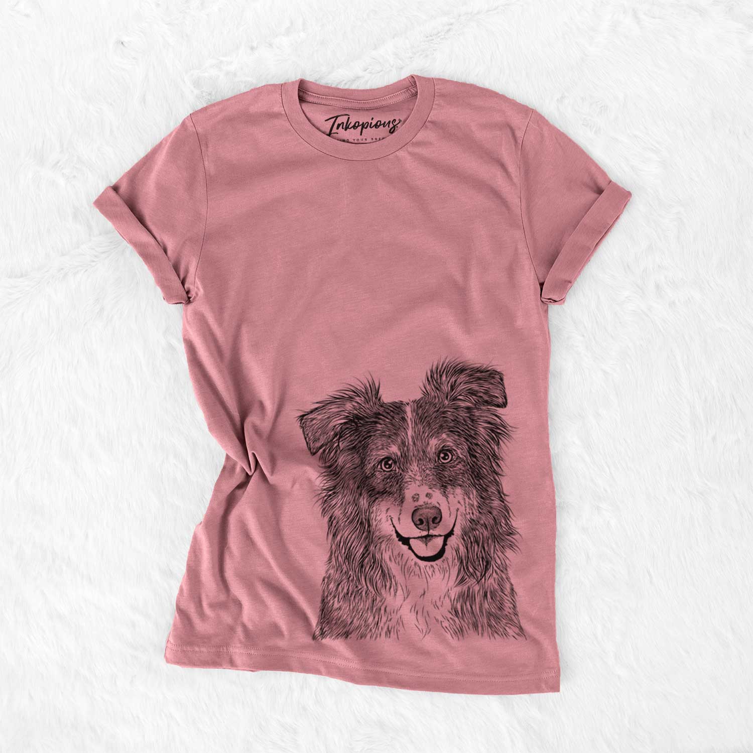 Hand-drawn sketch of Aushe the Australian Shepherd on a Mauve Bella Canvas Unisex Crewneck