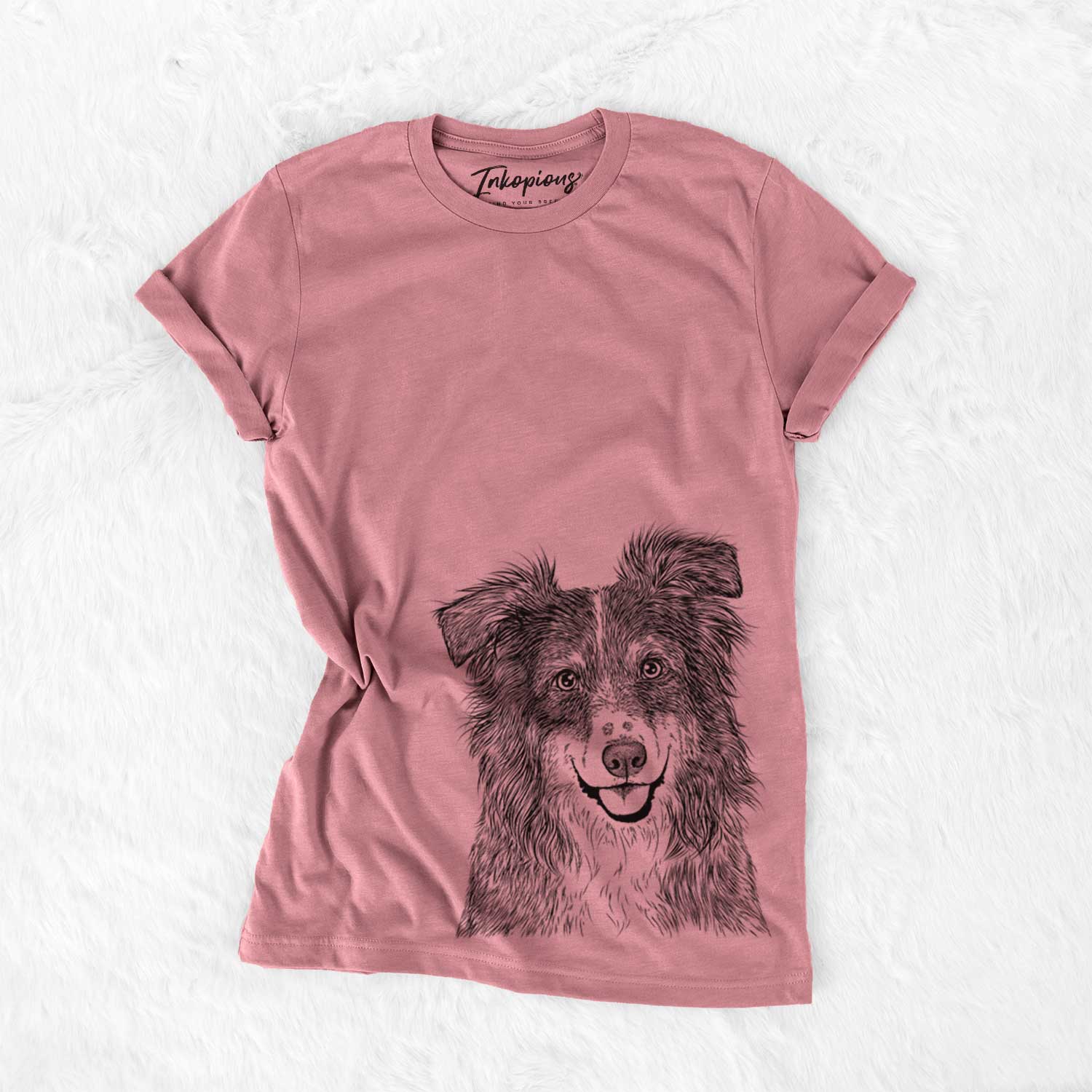 Hand-drawn sketch of Aushe the Australian Shepherd on a Mauve Unisex crewneck