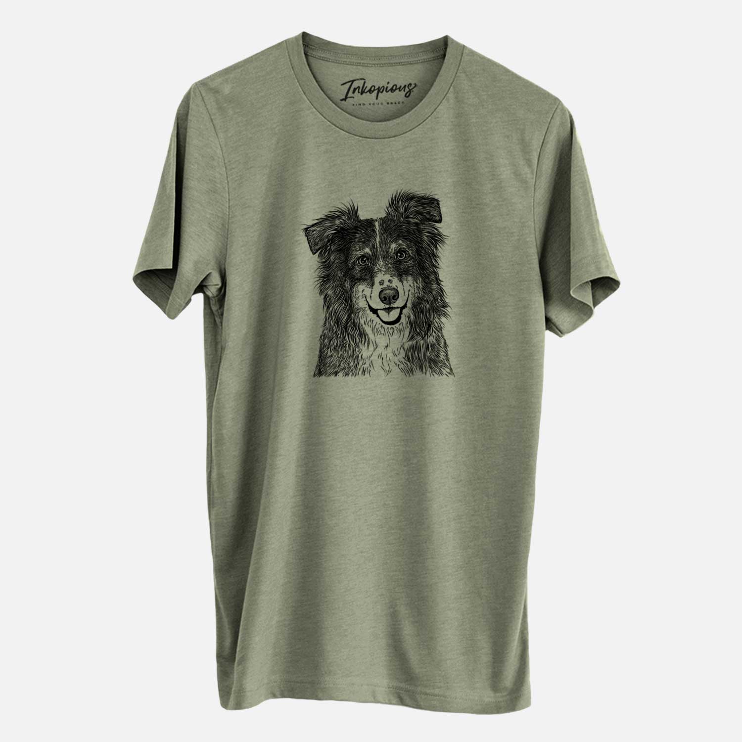Hand-drawn sketch of Aushe the Australian Shepherd on an Olive Unisex crewneck