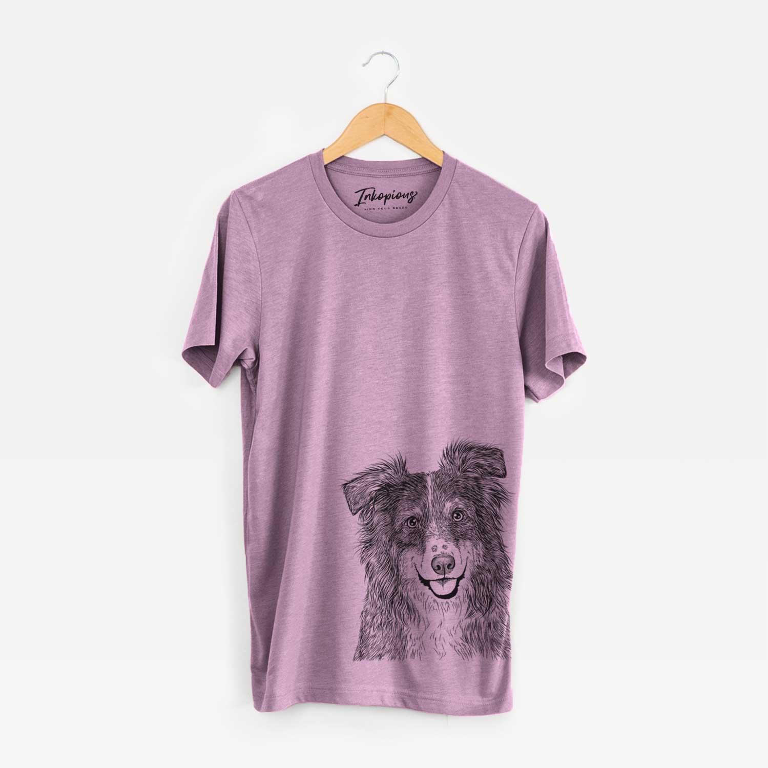 Hand-drawn sketch of Aushe the Australian Shepherd on an Orchid Bella Canvas Unisex Crewneck