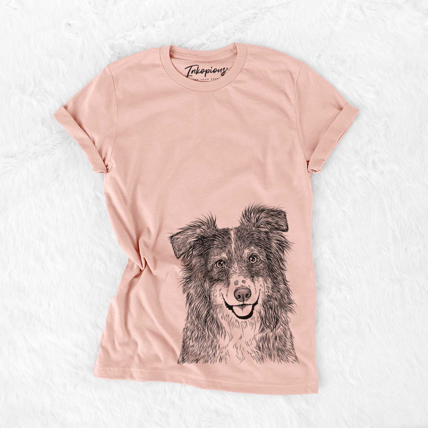 Hand-drawn sketch of Aushe the Australian Shepherd on a Peach Bella Canvas Unisex Crewneck