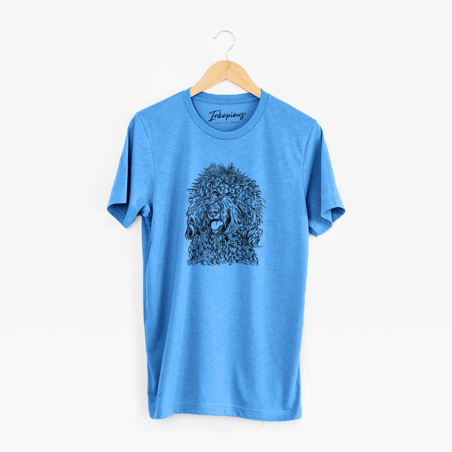 Hand-drawn sketch of Babs the Barbet on a Blue Unisex crewneck