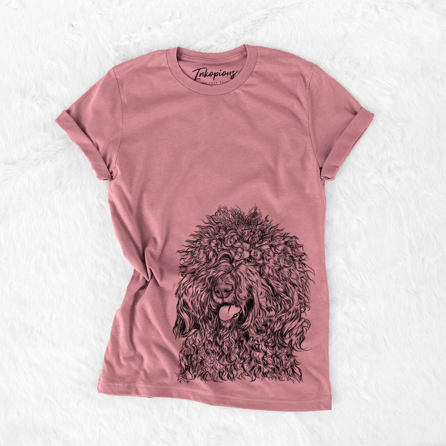 Hand-drawn sketch of Babs the Barbet on a Mauve Unisex crewneck