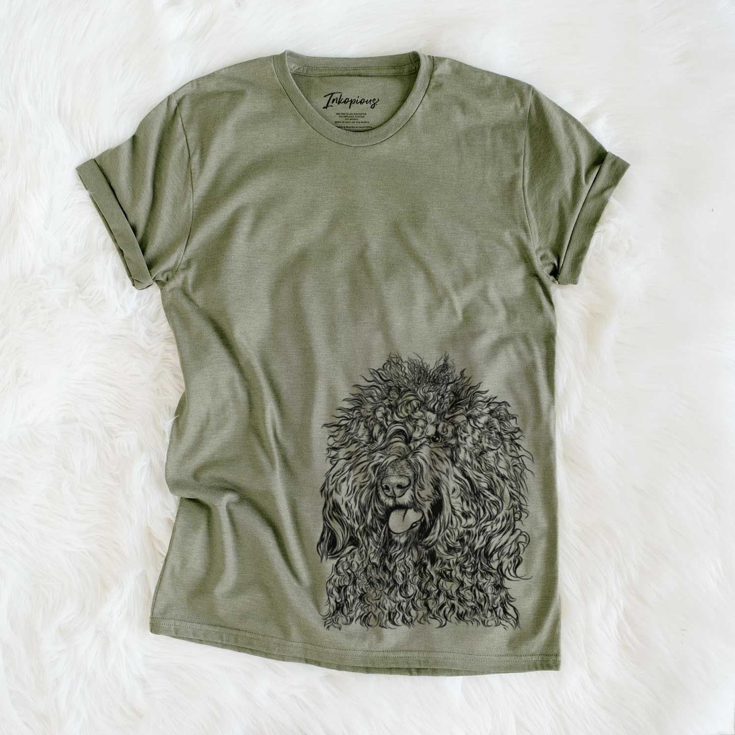 Hand-drawn sketch of Babs the Barbet on an Olive Unisex crewneck
