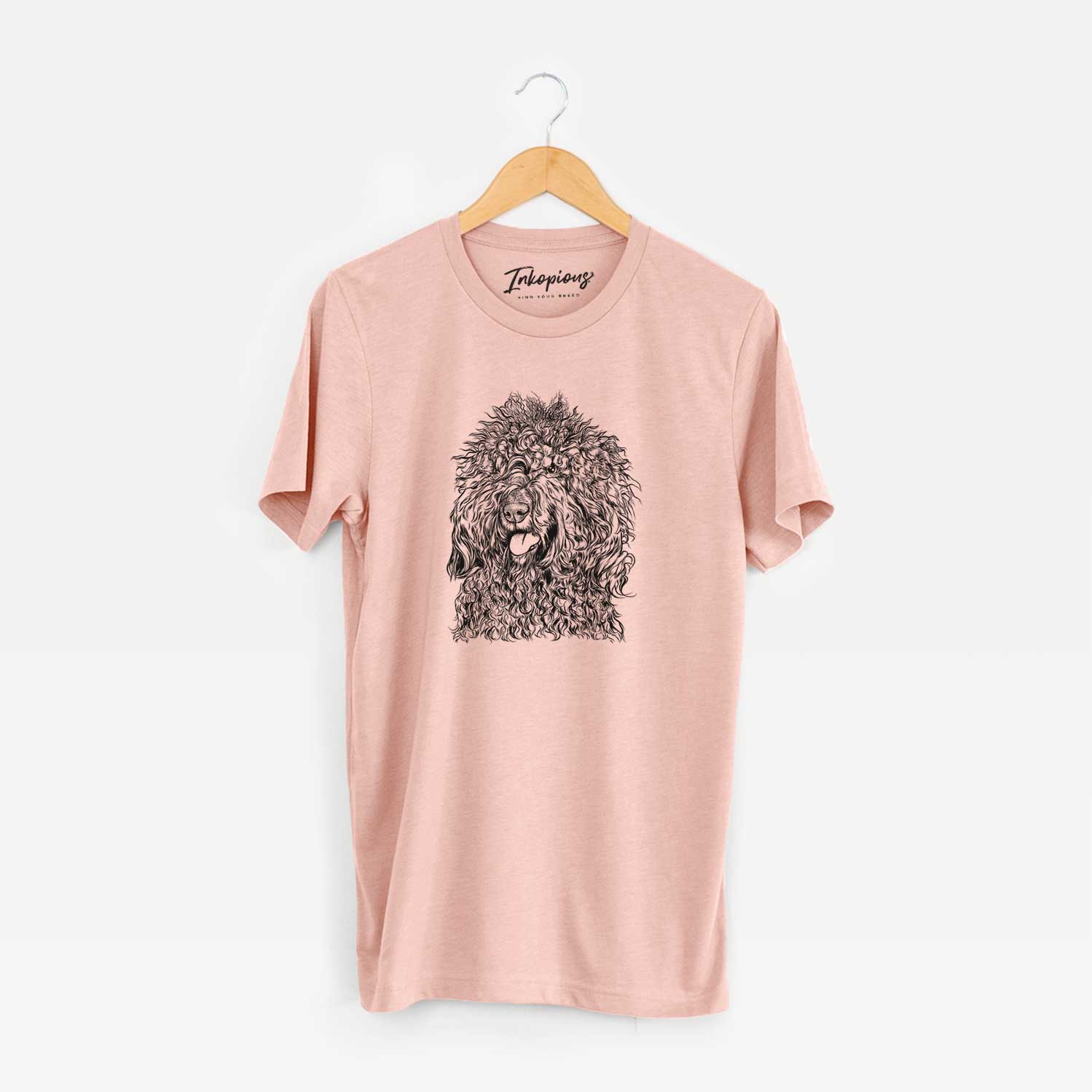 Hand-drawn sketch of Babs the Barbet on a Peach Unisex crewneck