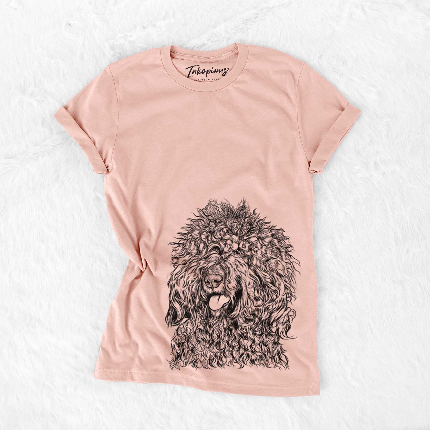 Hand-drawn sketch of Babs the Barbet on a Peach Bella Canvas Unisex Crewneck