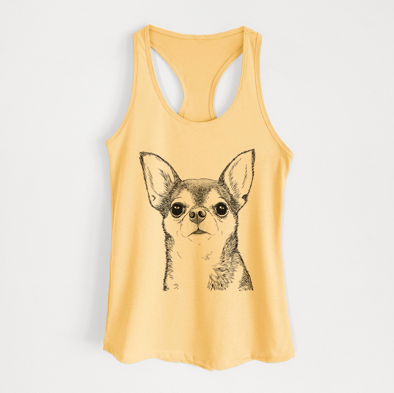 Hand-drawn sketch of Baby the Chihuahua on a Banana Cream Women's racerback tanktop
