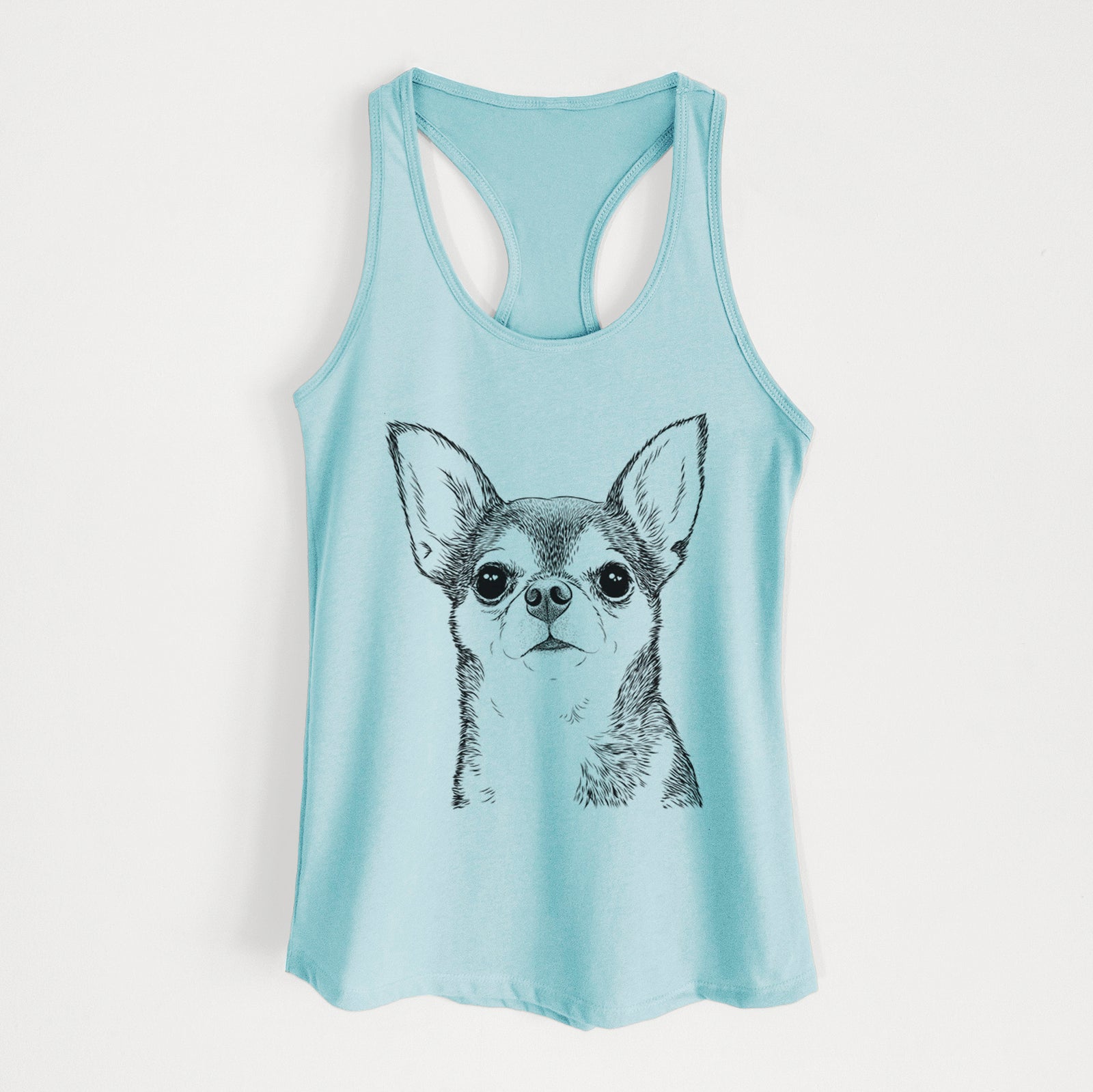 Hand-drawn sketch of Baby the Chihuahua on a Cancun Blue Women's racerback tanktop