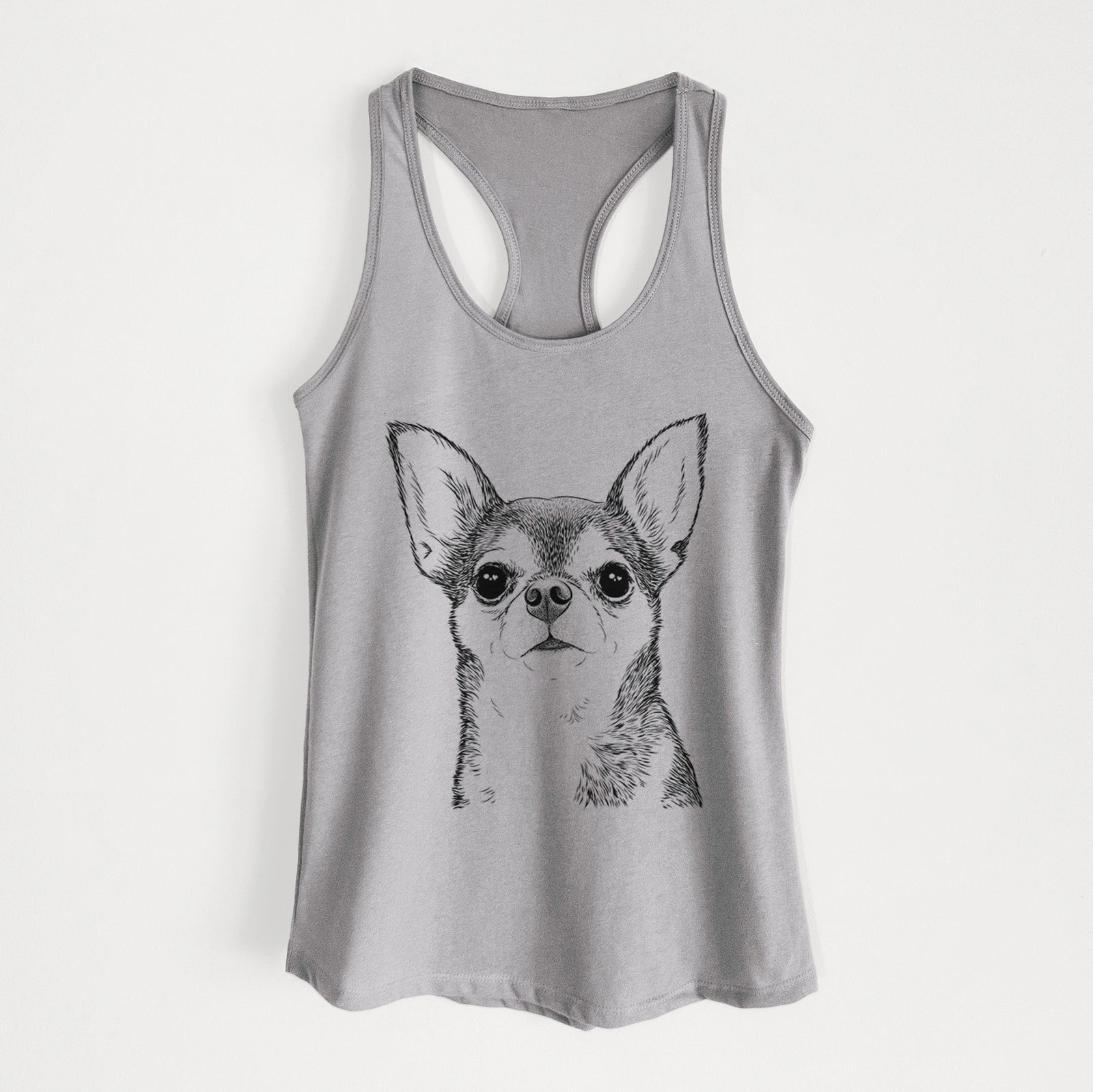 Hand-drawn sketch of Baby the Chihuahua on a Heather Grey Women's racerback tanktop