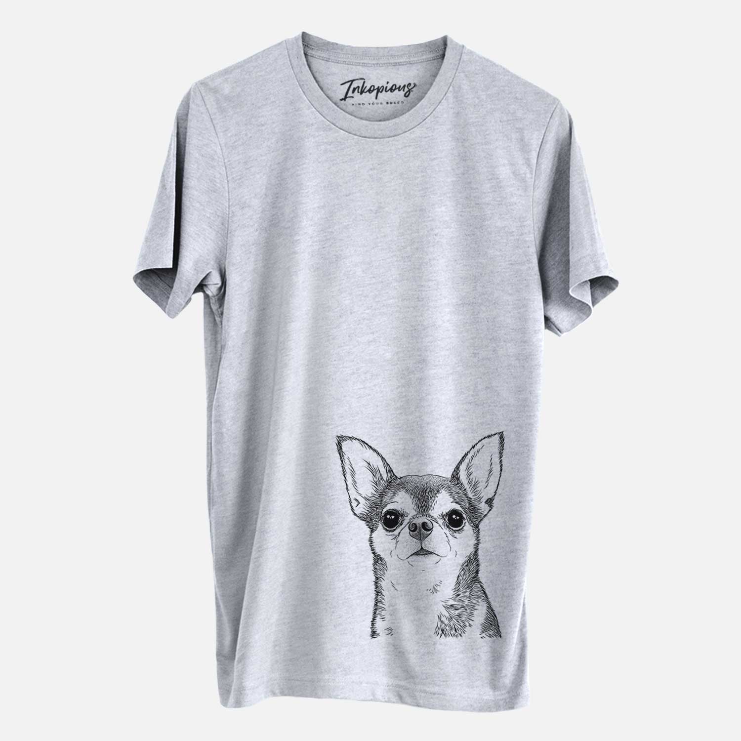 Hand-drawn sketch of Baby the Chihuahua on a Grey Unisex crewneck