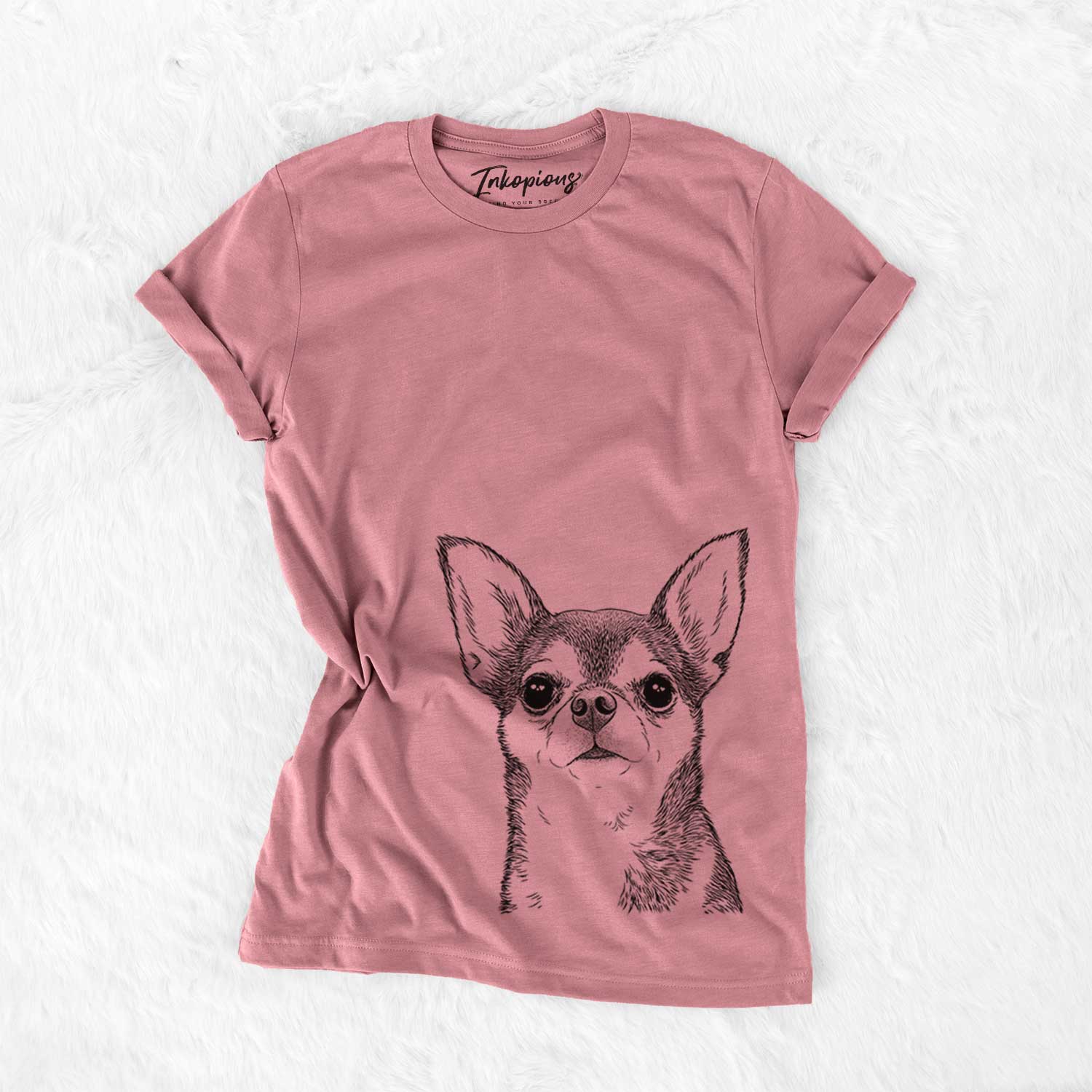 Hand-drawn sketch of Baby the Chihuahua on a Mauve Unisex crewneck