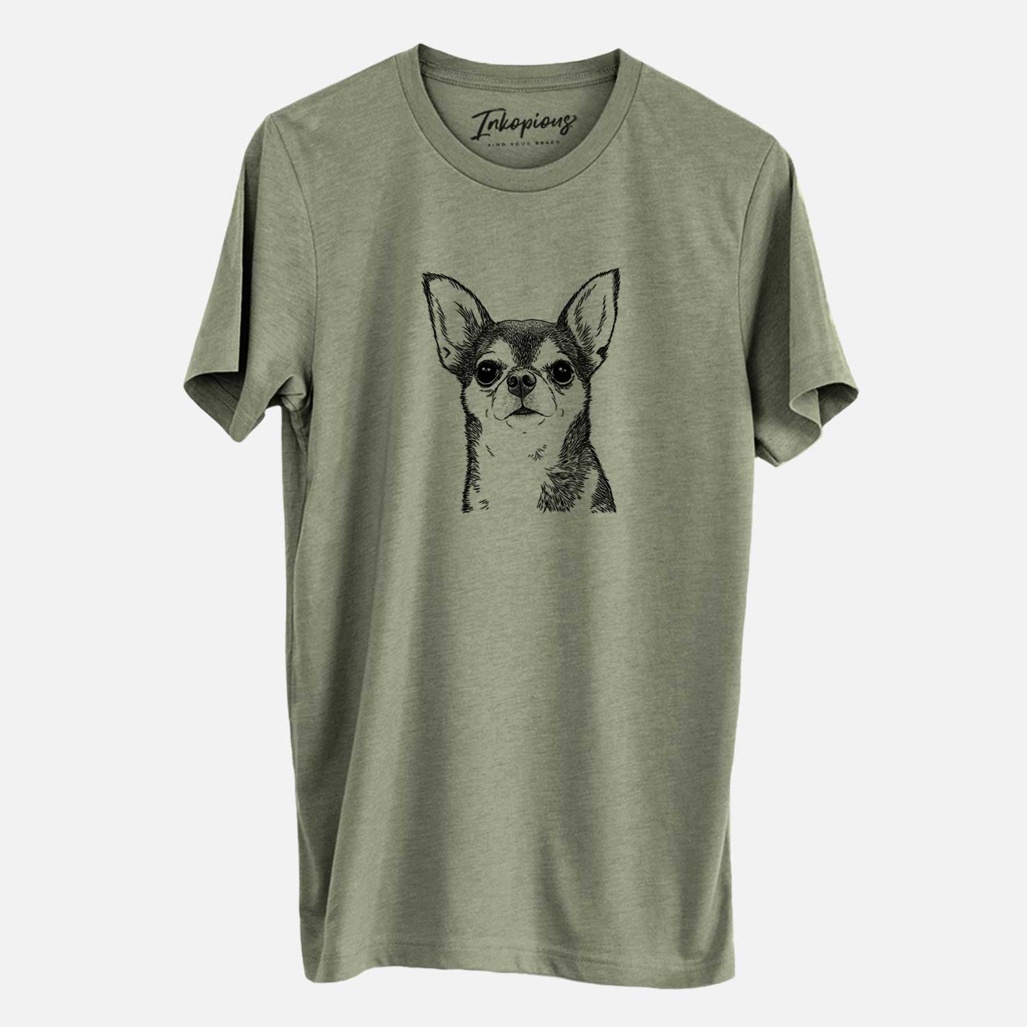 Hand-drawn sketch of Baby the Chihuahua on an Olive Unisex crewneck
