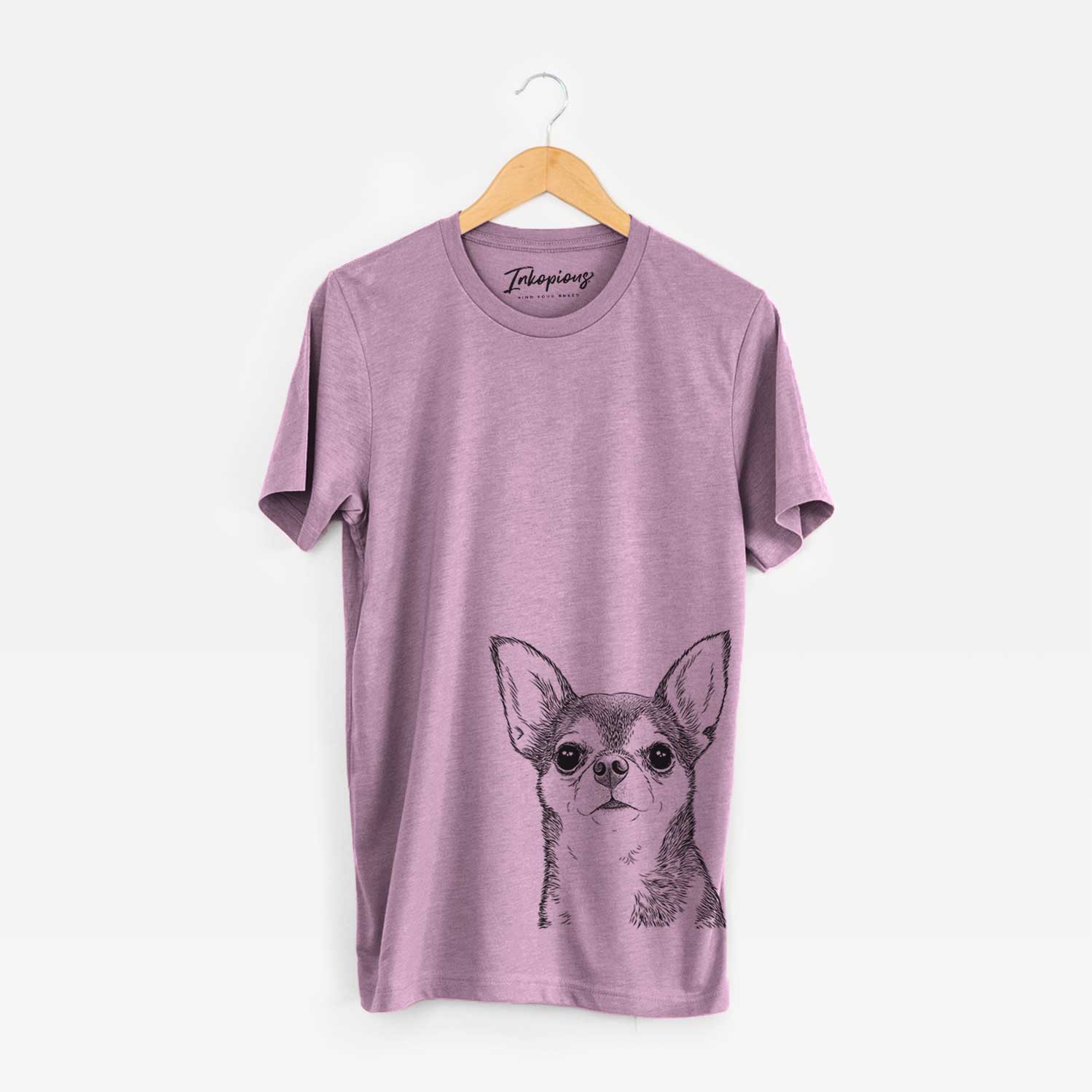 Hand-drawn sketch of Baby the Chihuahua on an Orchid Unisex crewneck