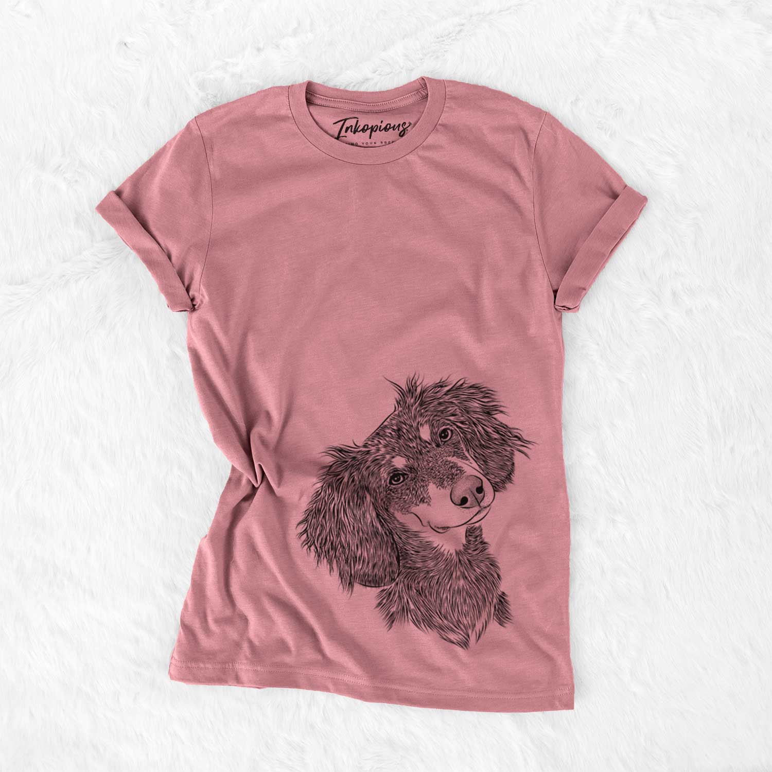 Hand-drawn sketch of Bailey the Long Haired Dachshund on a Mauve Bella Canvas Unisex Crewneck
