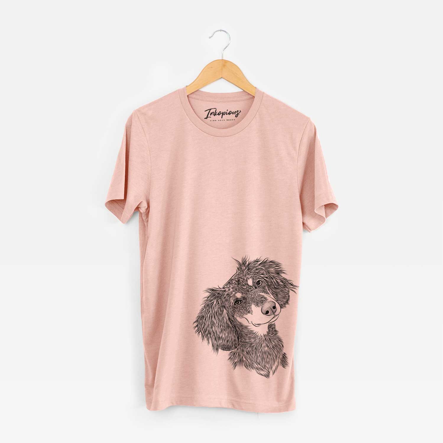 Hand-drawn sketch of Bailey the Long Haired Dachshund on a Peach Bella Canvas Unisex Crewneck