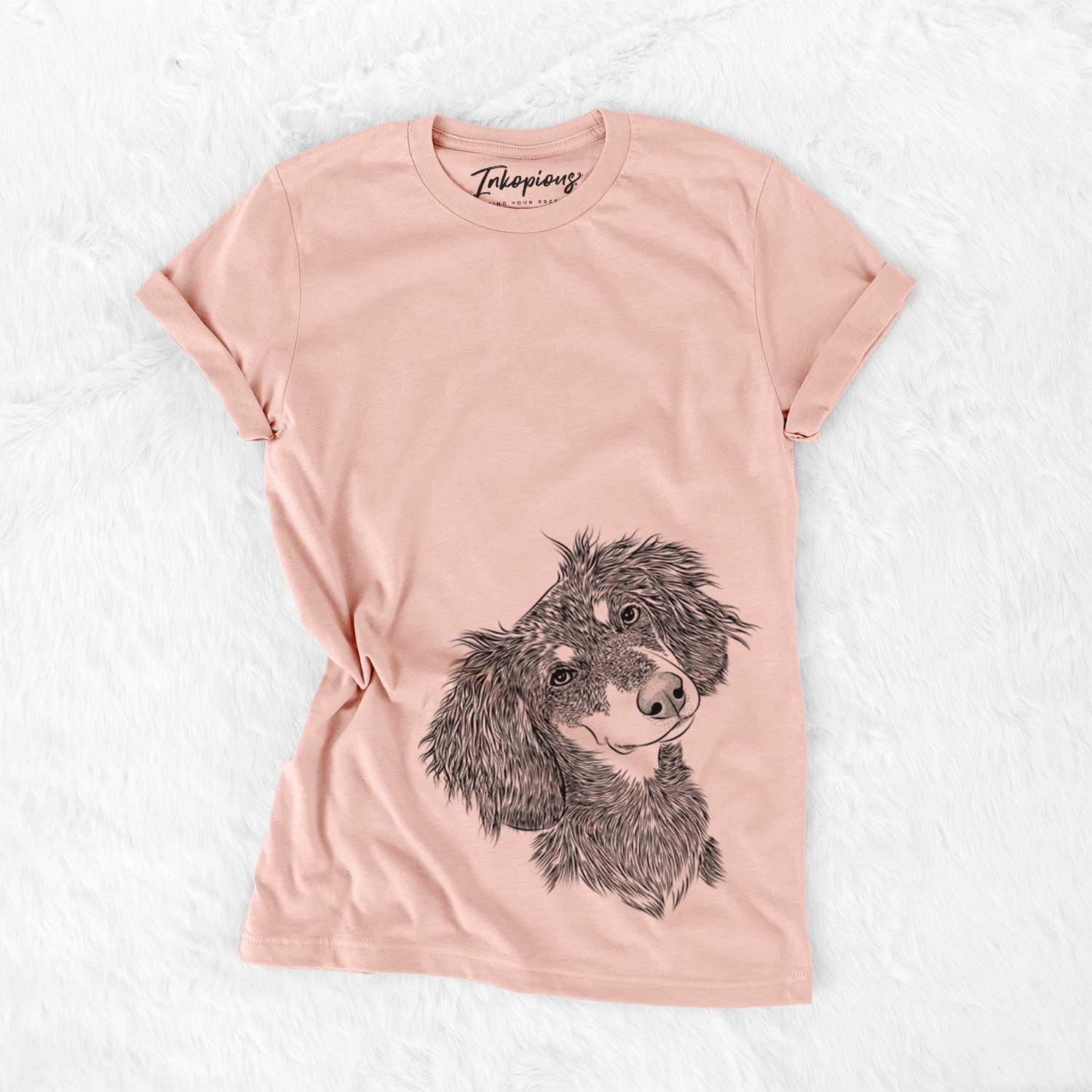 Hand-drawn sketch of Bailey the Long Haired Dachshund on a Peach Bella Canvas Unisex Crewneck