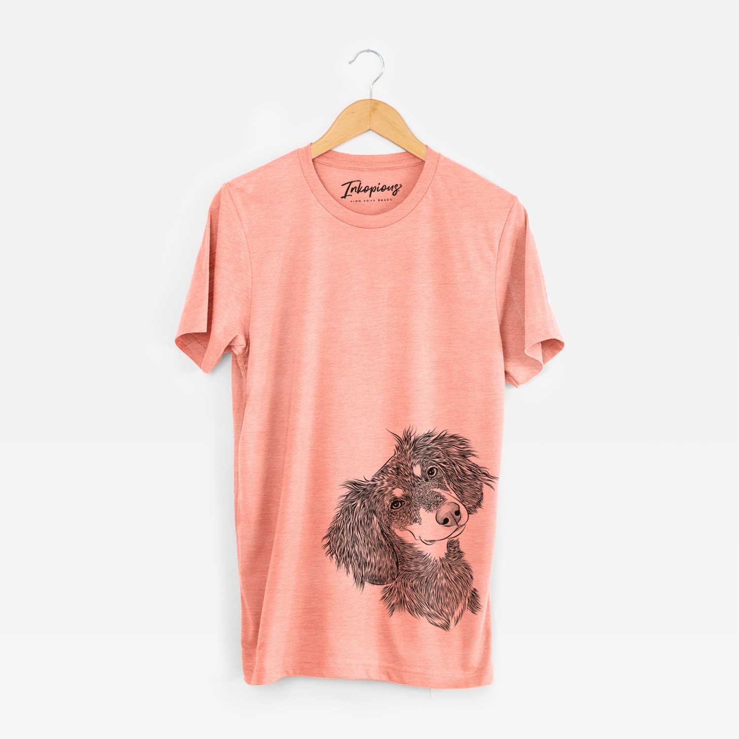 Hand-drawn sketch of Bailey the Long Haired Dachshund on a Sunset Bella Canvas Unisex Crewneck