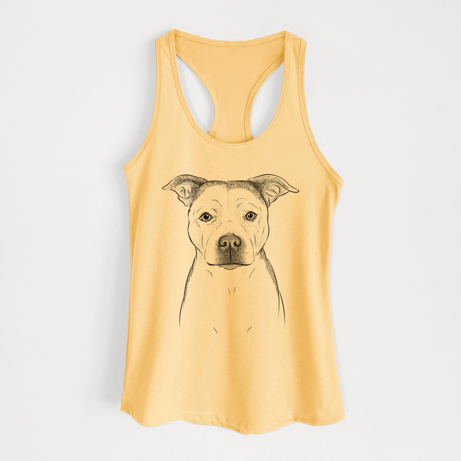 Hand-drawn sketch of Bailey the Pitbull on a Banana Cream Women's racerback tanktop