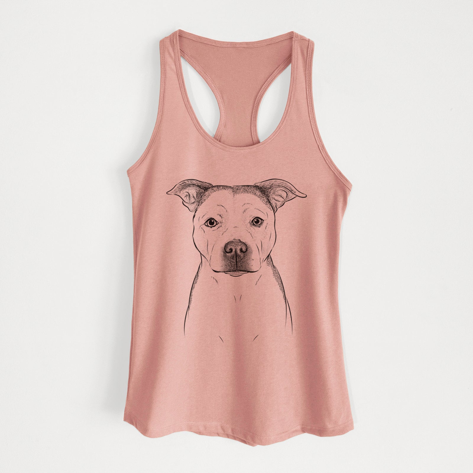 Hand-drawn sketch of Bailey the Pitbull on a Desert Pink Women's racerback tanktop