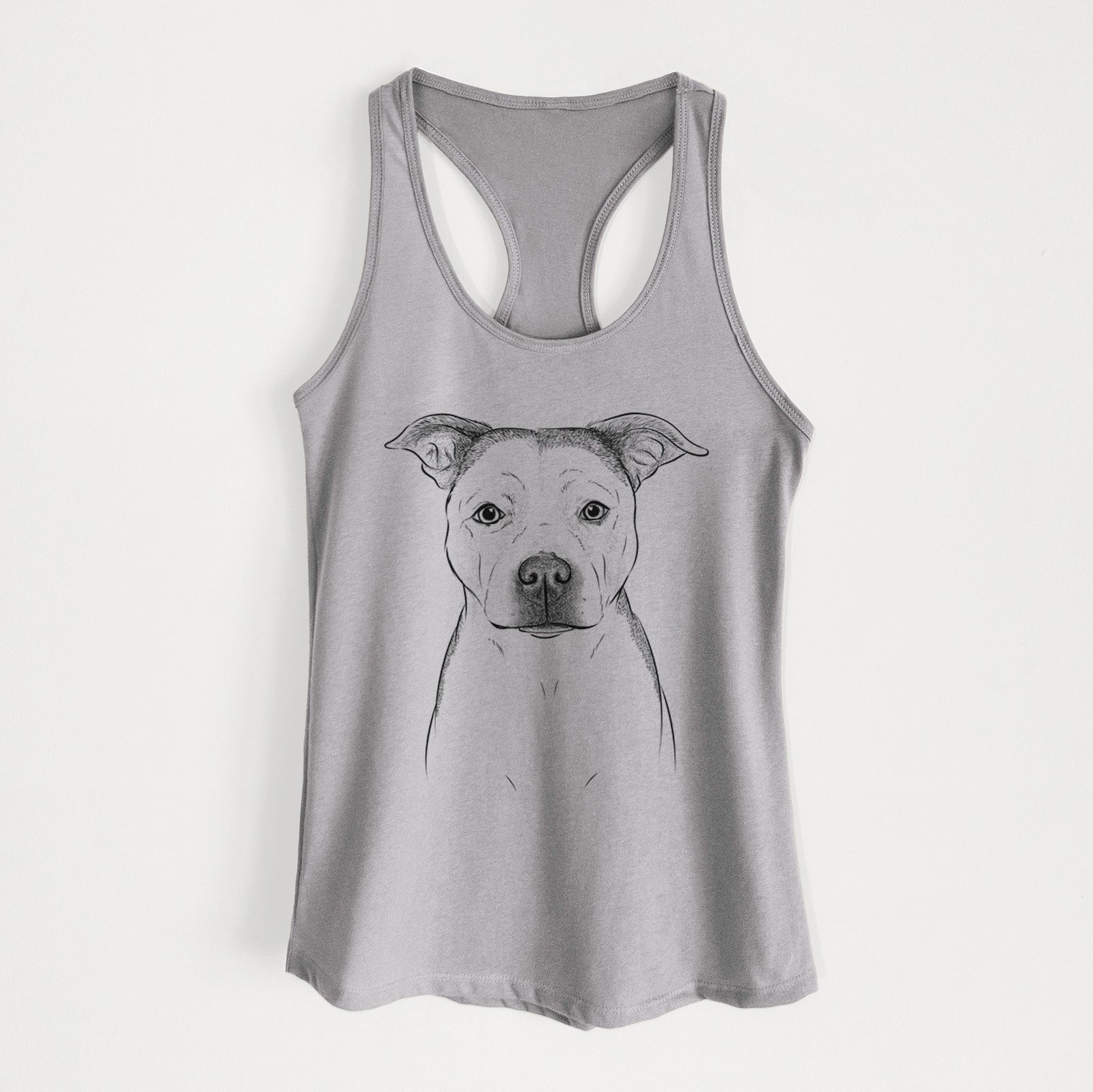 Hand-drawn sketch of Bailey the Pitbull on a Heather Grey Women's racerback tanktop
