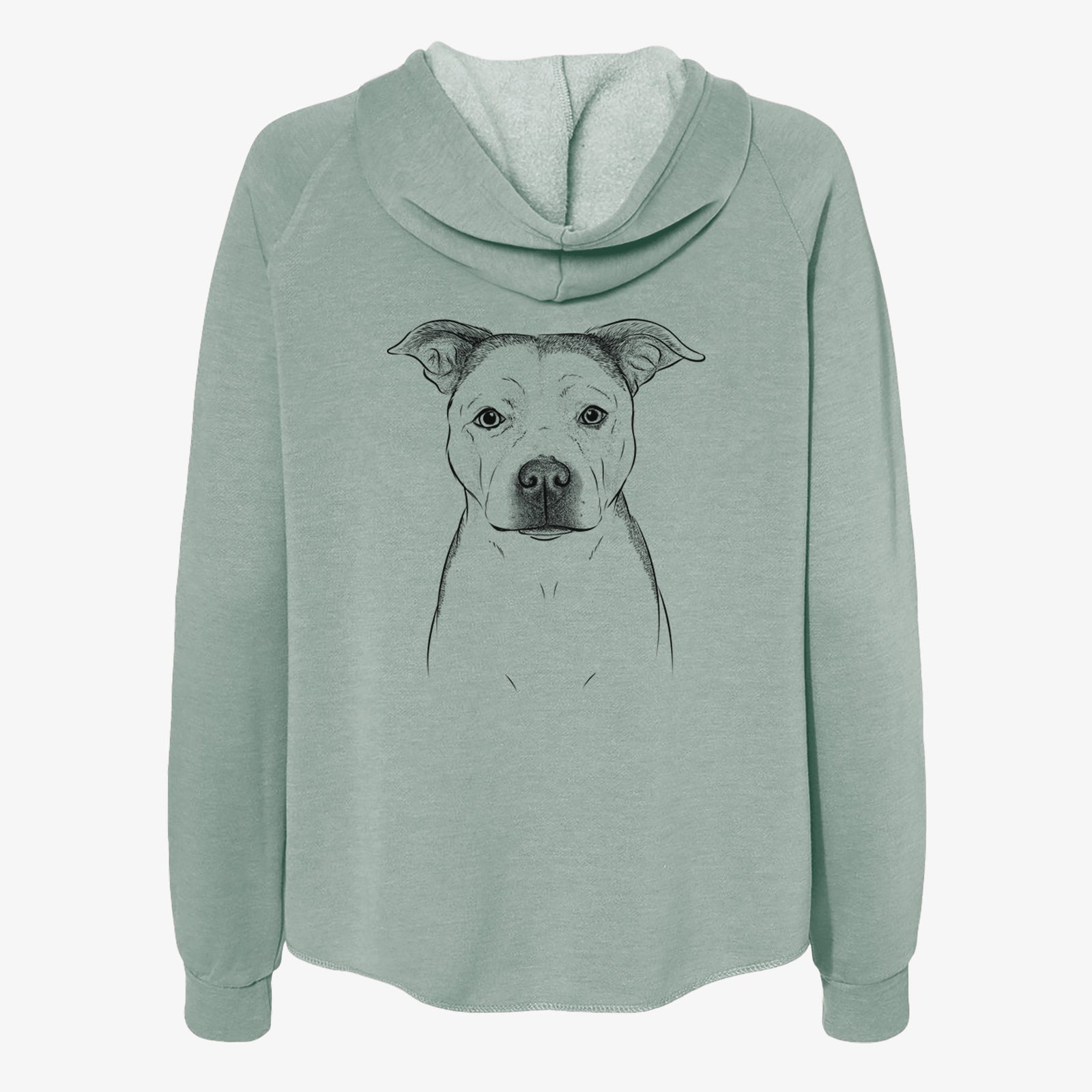 Hand-drawn sketch of Bailey the Pitbull on a Sage Women's cali wave zip-up sweatshirt
