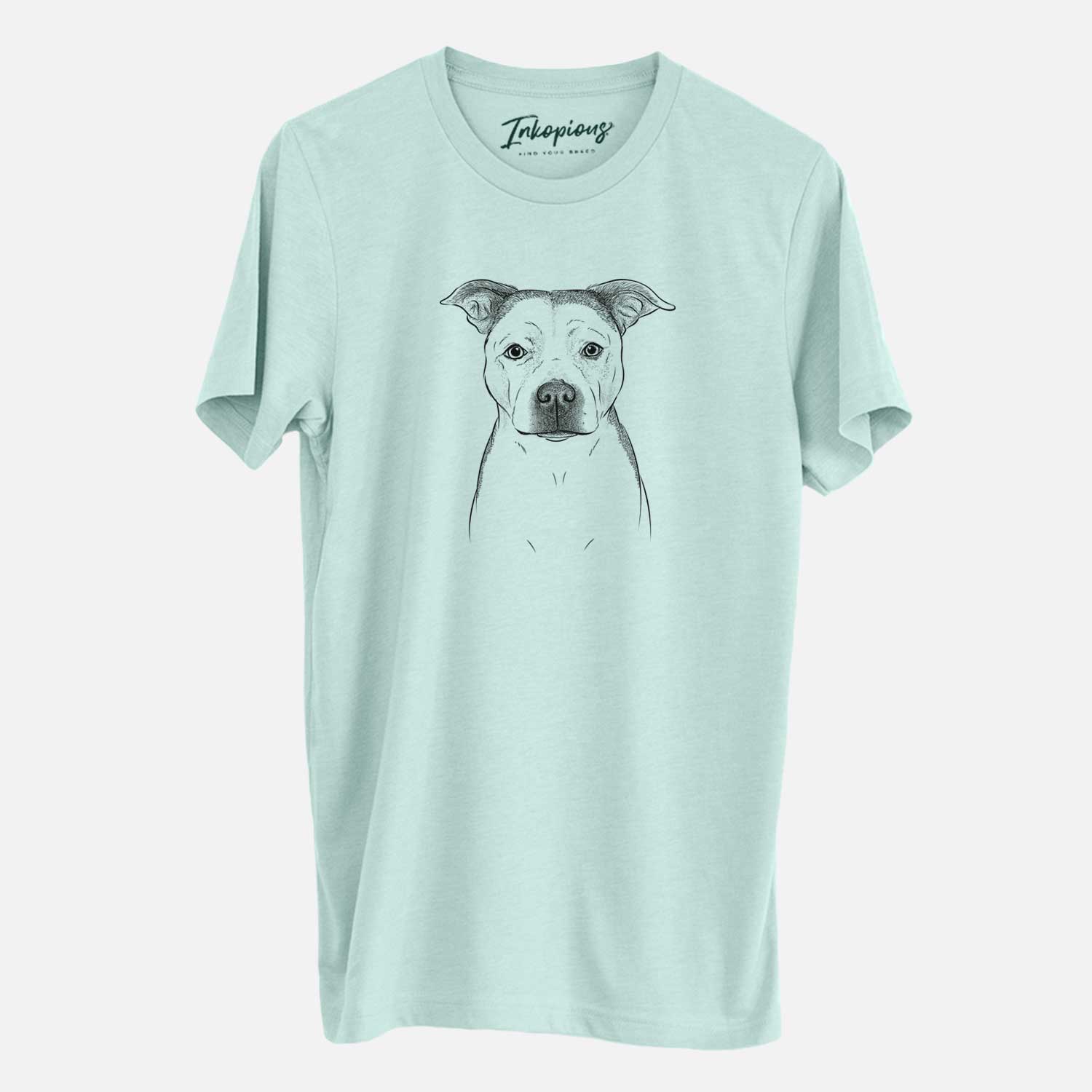 Hand-drawn sketch of Bailey the Pitbull on a Heather Sage Unisex crewneck