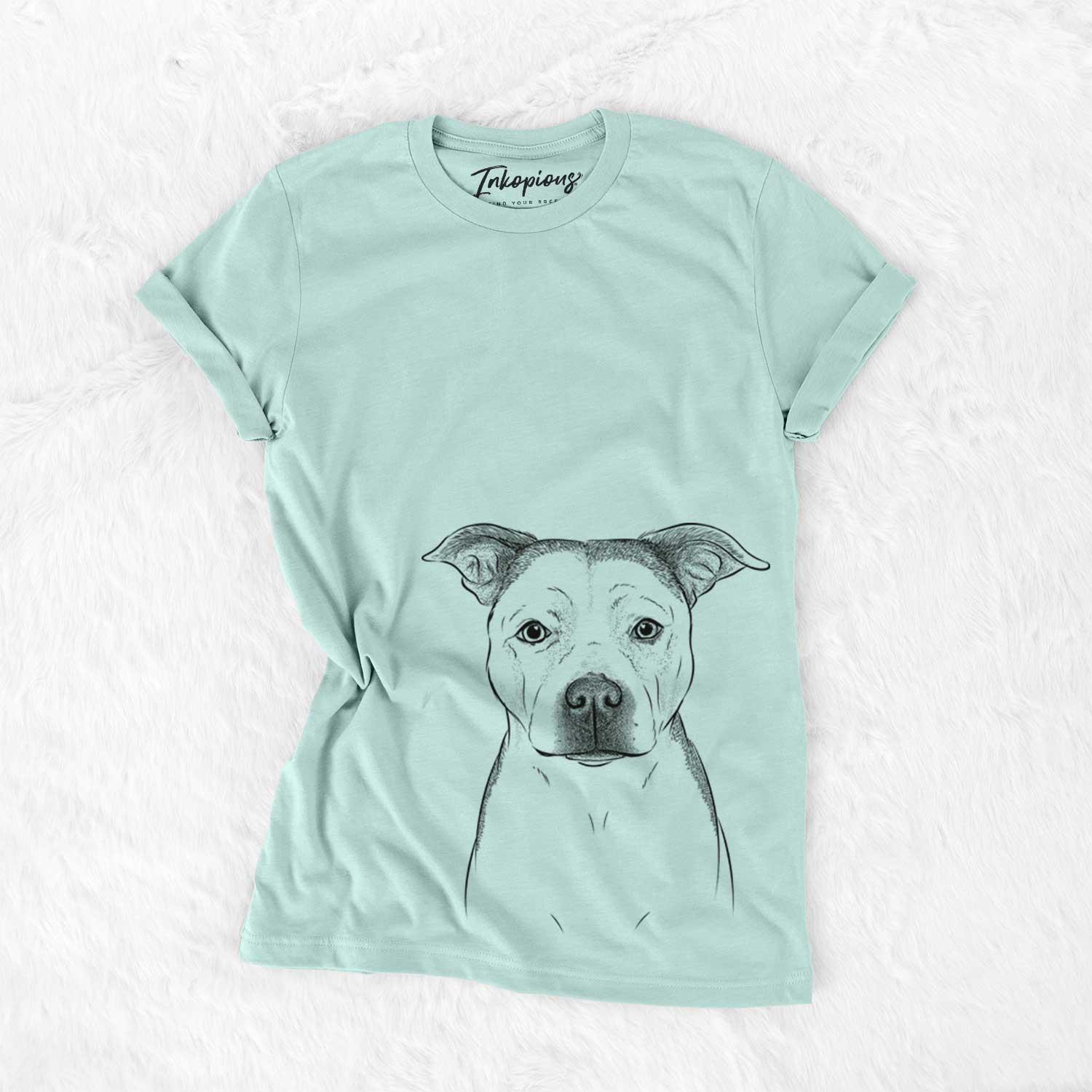 Hand-drawn sketch of Bailey the Pitbull on a Heather Sage Unisex crewneck