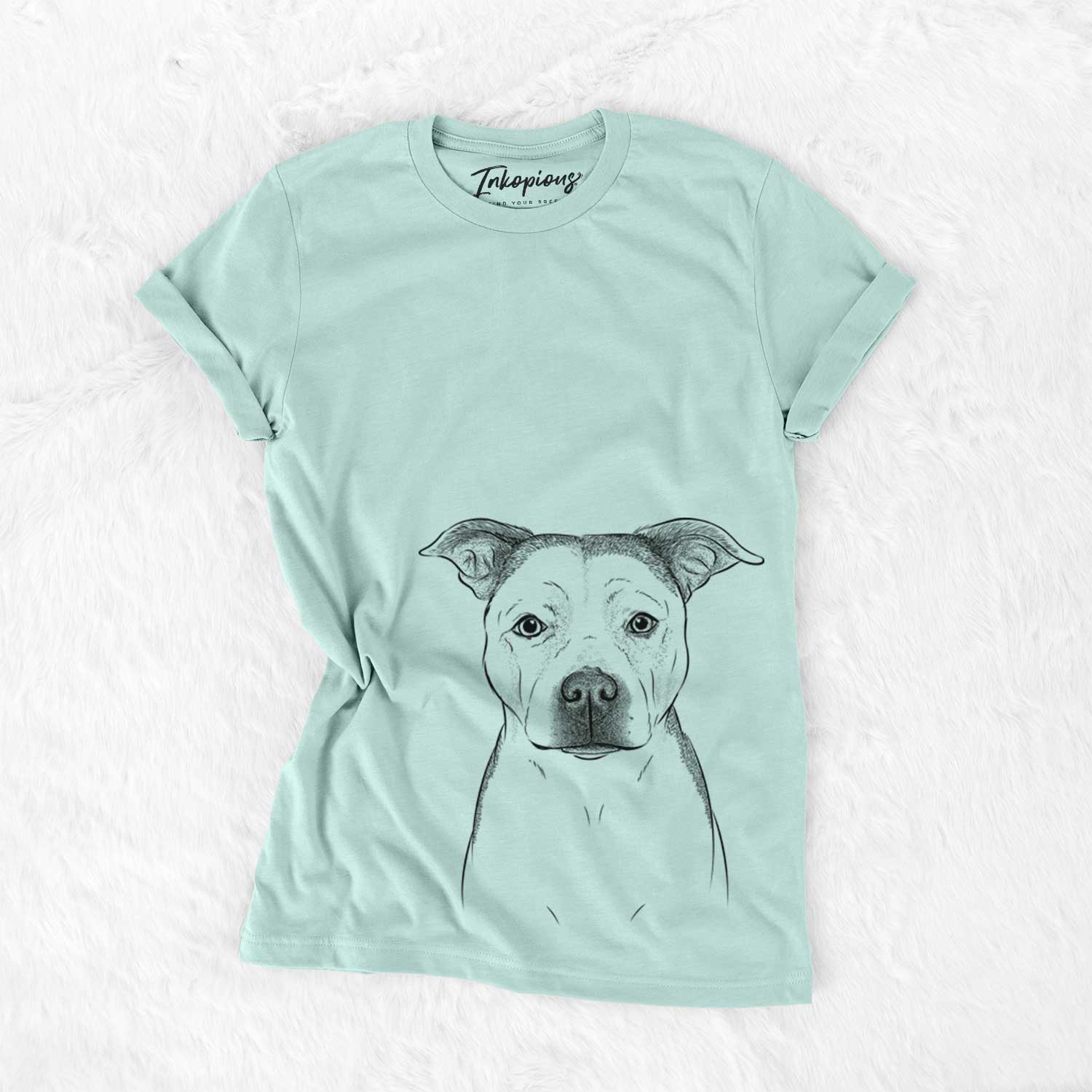 Hand-drawn sketch of Bailey the Pitbull on a Heather Sage Bella Canvas Unisex Crewneck