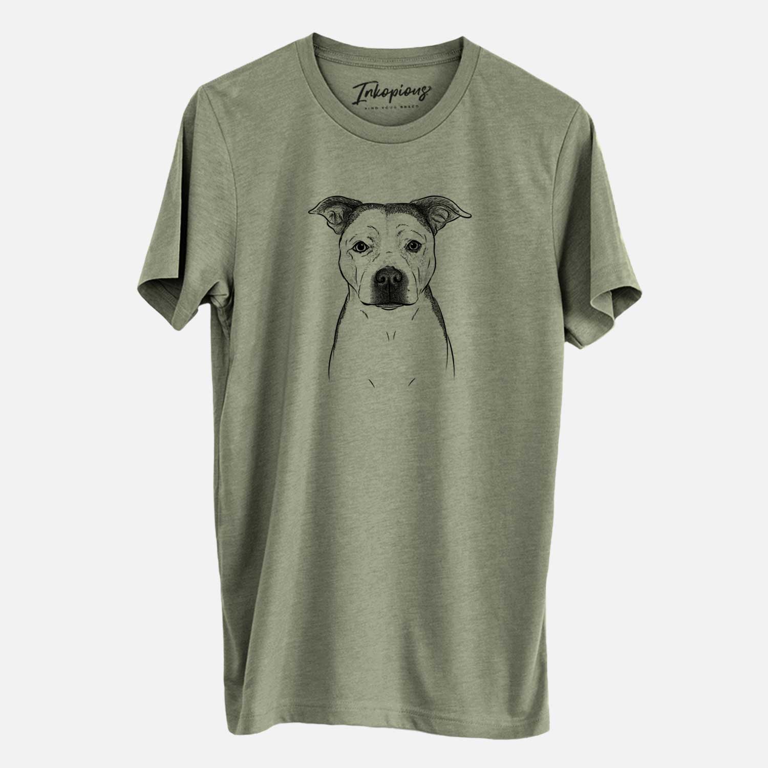 Hand-drawn sketch of Bailey the Pitbull on an Olive Unisex crewneck