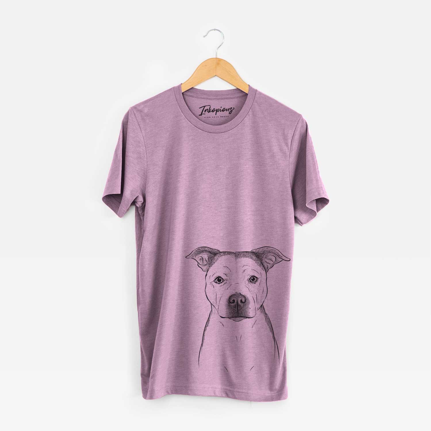 Hand-drawn sketch of Bailey the Pitbull on an Orchid Unisex crewneck