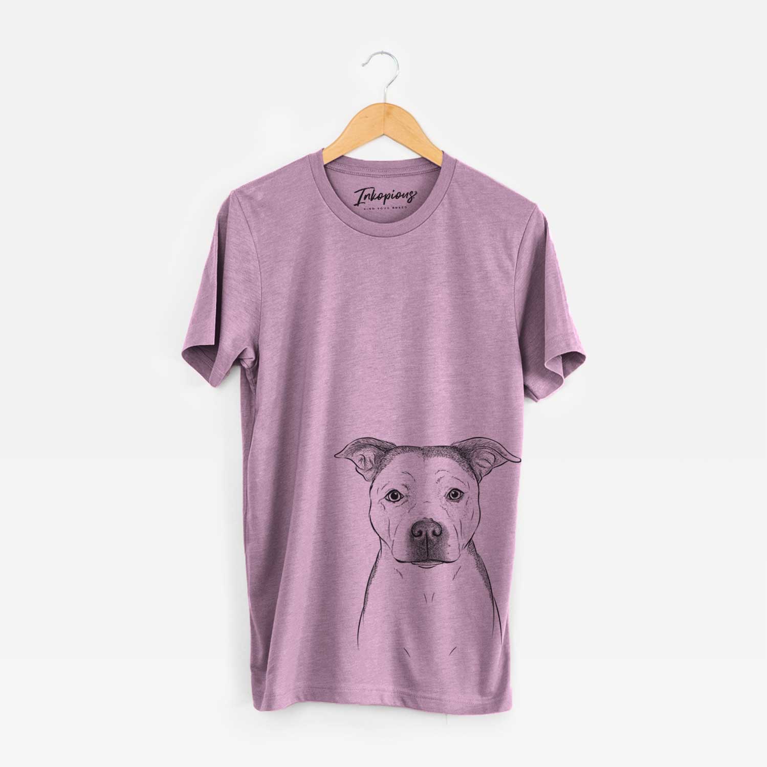 Hand-drawn sketch of Bailey the Pitbull on an Orchid Bella Canvas Unisex Crewneck