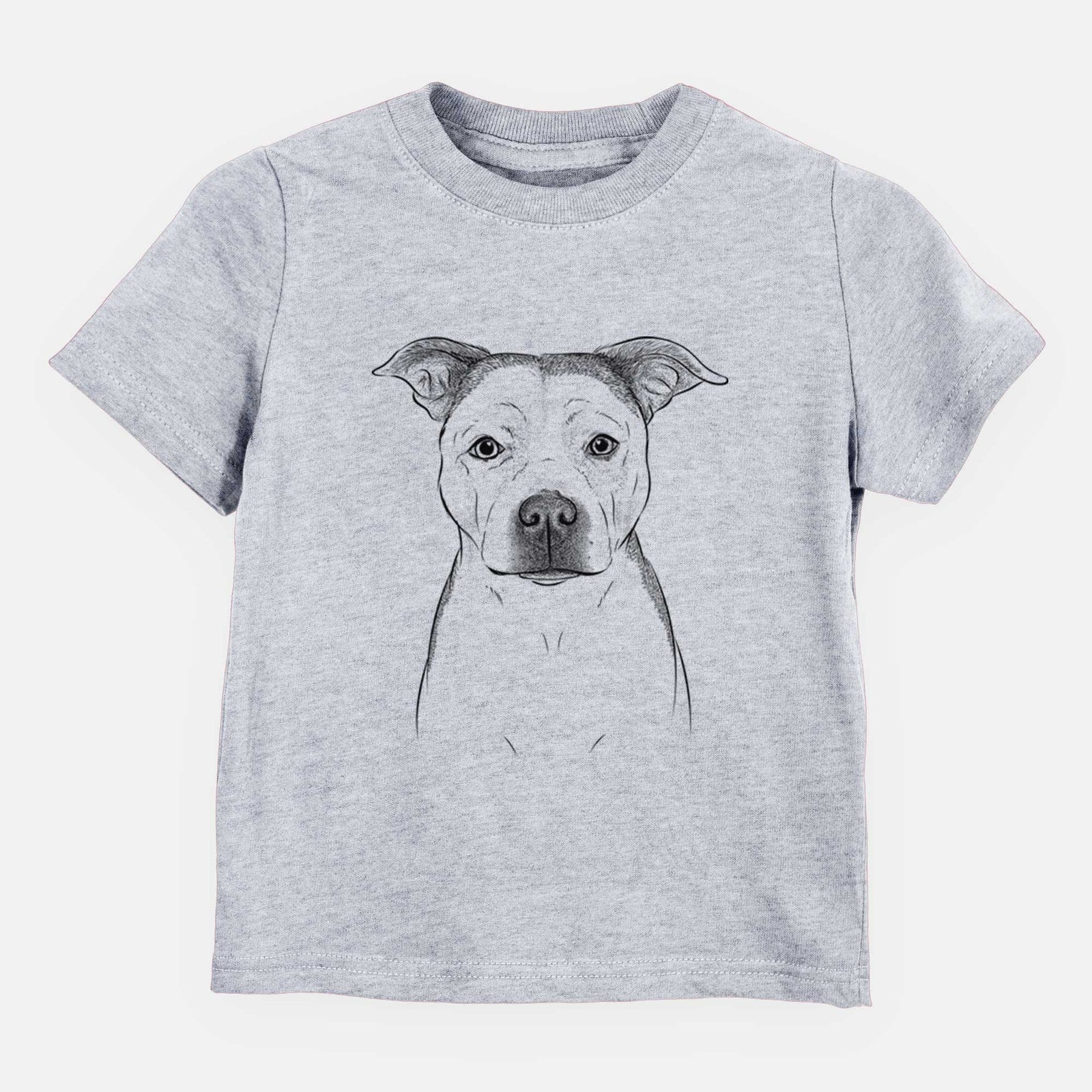Hand-drawn sketch of Bailey the Pitbull on a Grey kids' shirt