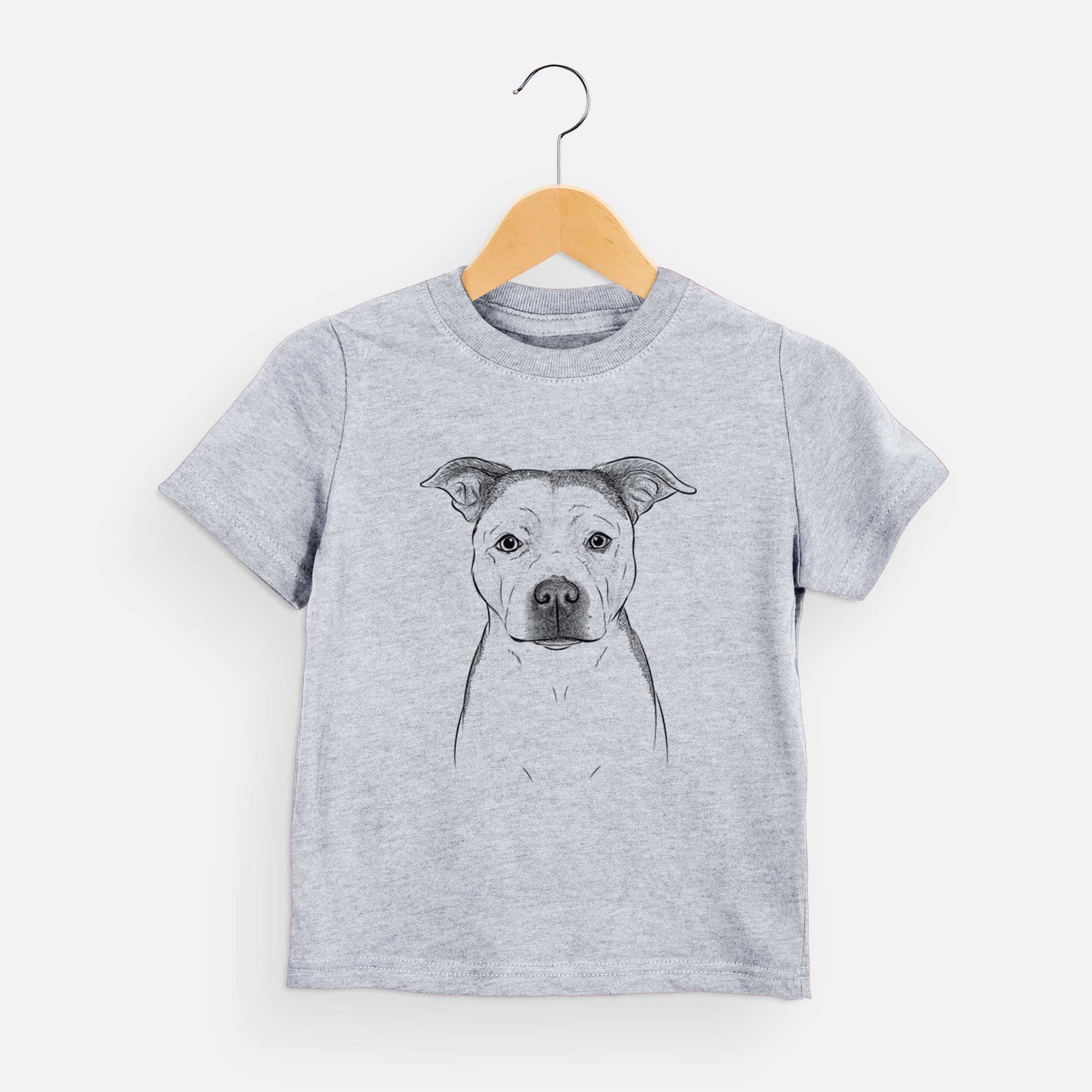 Hand-drawn sketch of Bailey the Pitbull on a Grey kids' shirt
