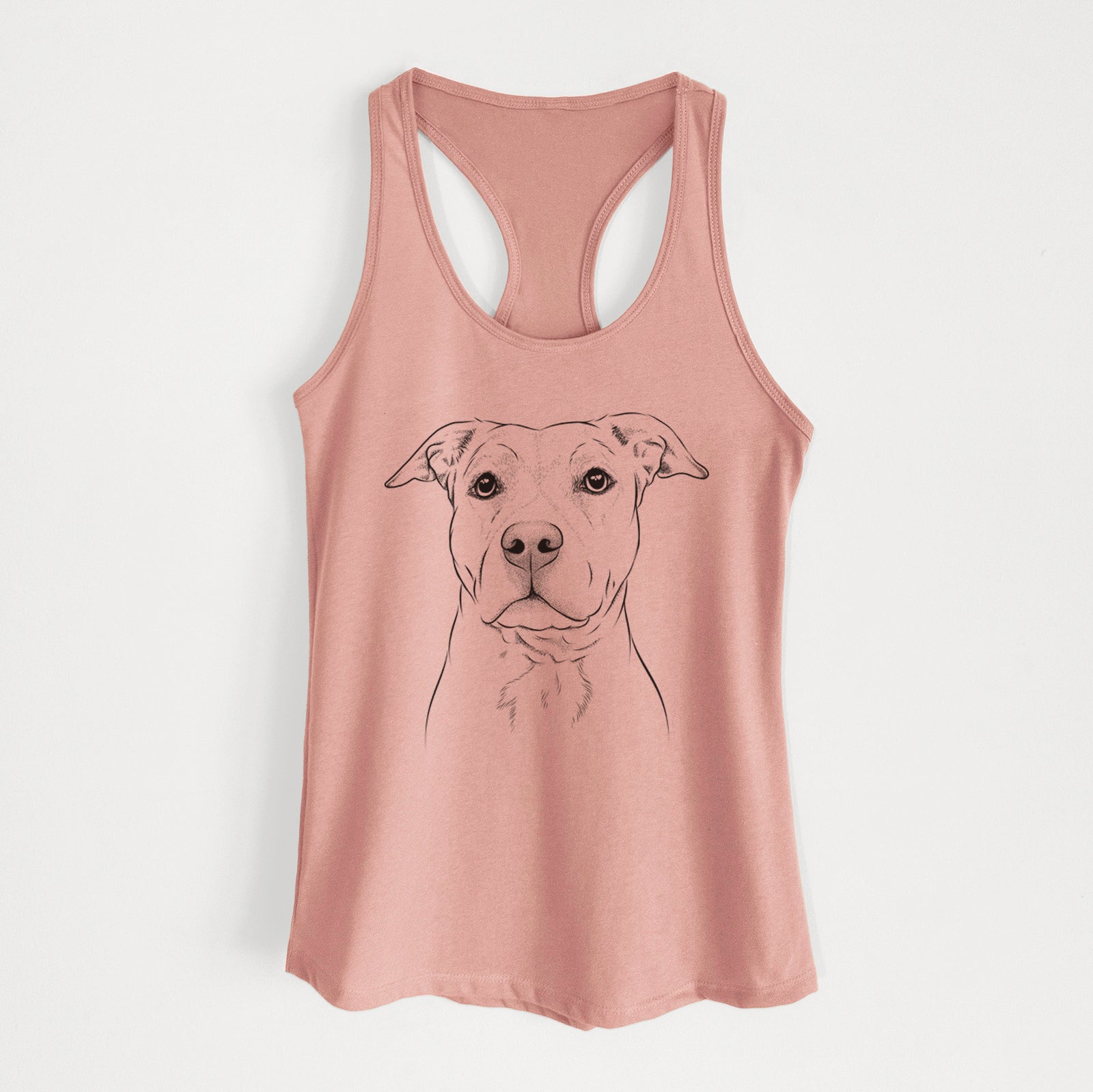 Hand-drawn sketch of Bailey the American Staffordshire Terrier on a Desert Pink Women's racerback tanktop