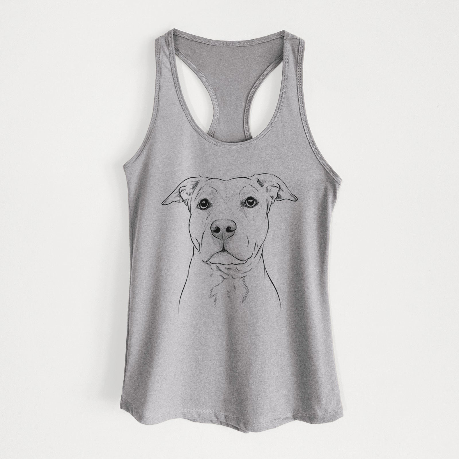Hand-drawn sketch of Bailey the American Staffordshire Terrier on a Heather Grey Women's racerback tanktop