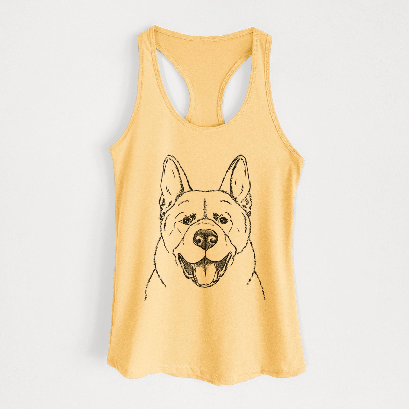 Hand-drawn sketch of Baku the Akita on a Banana Cream Women's racerback tanktop