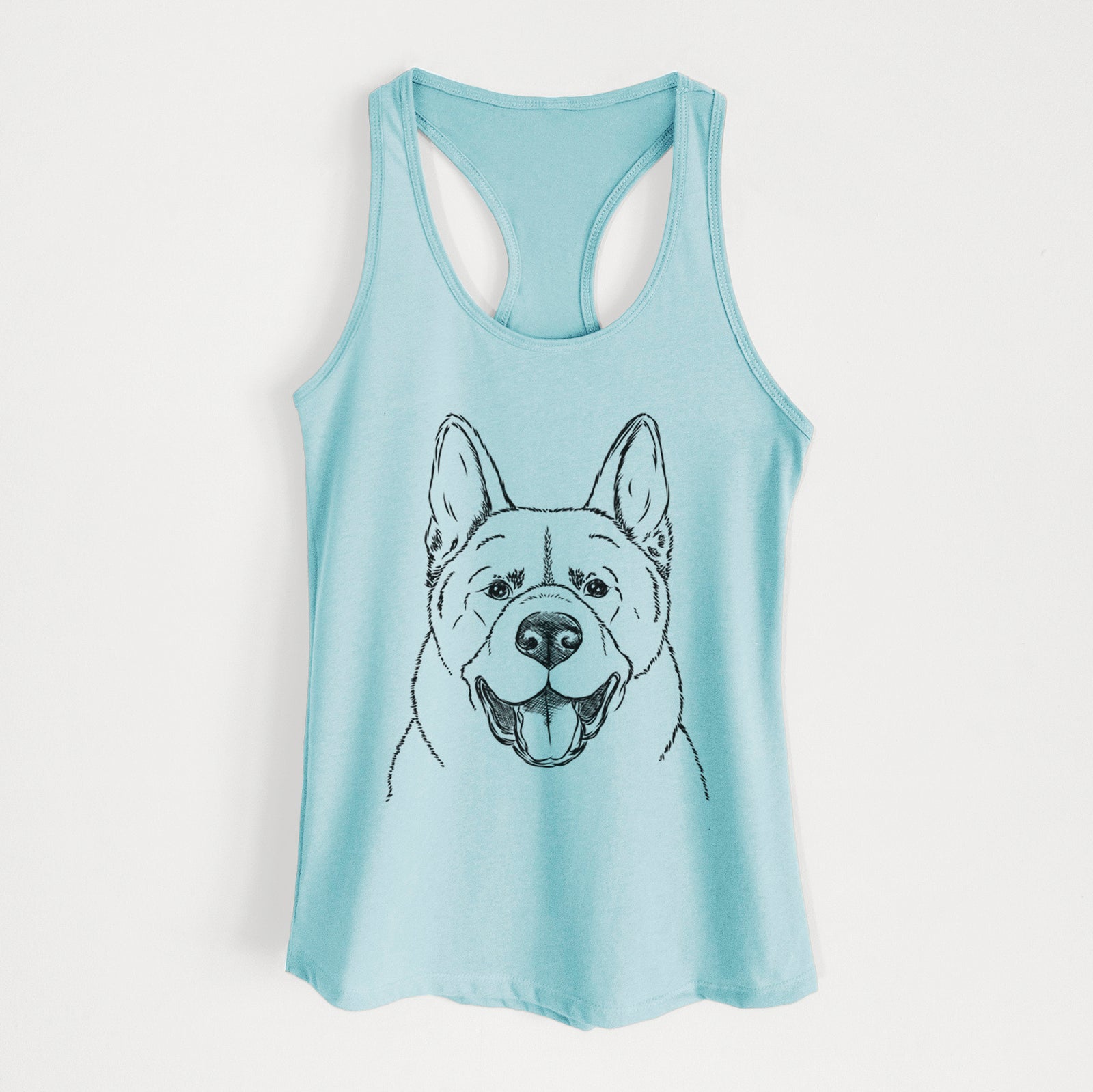 Hand-drawn sketch of Baku the Akita on a Cancun Blue Women's racerback tanktop
