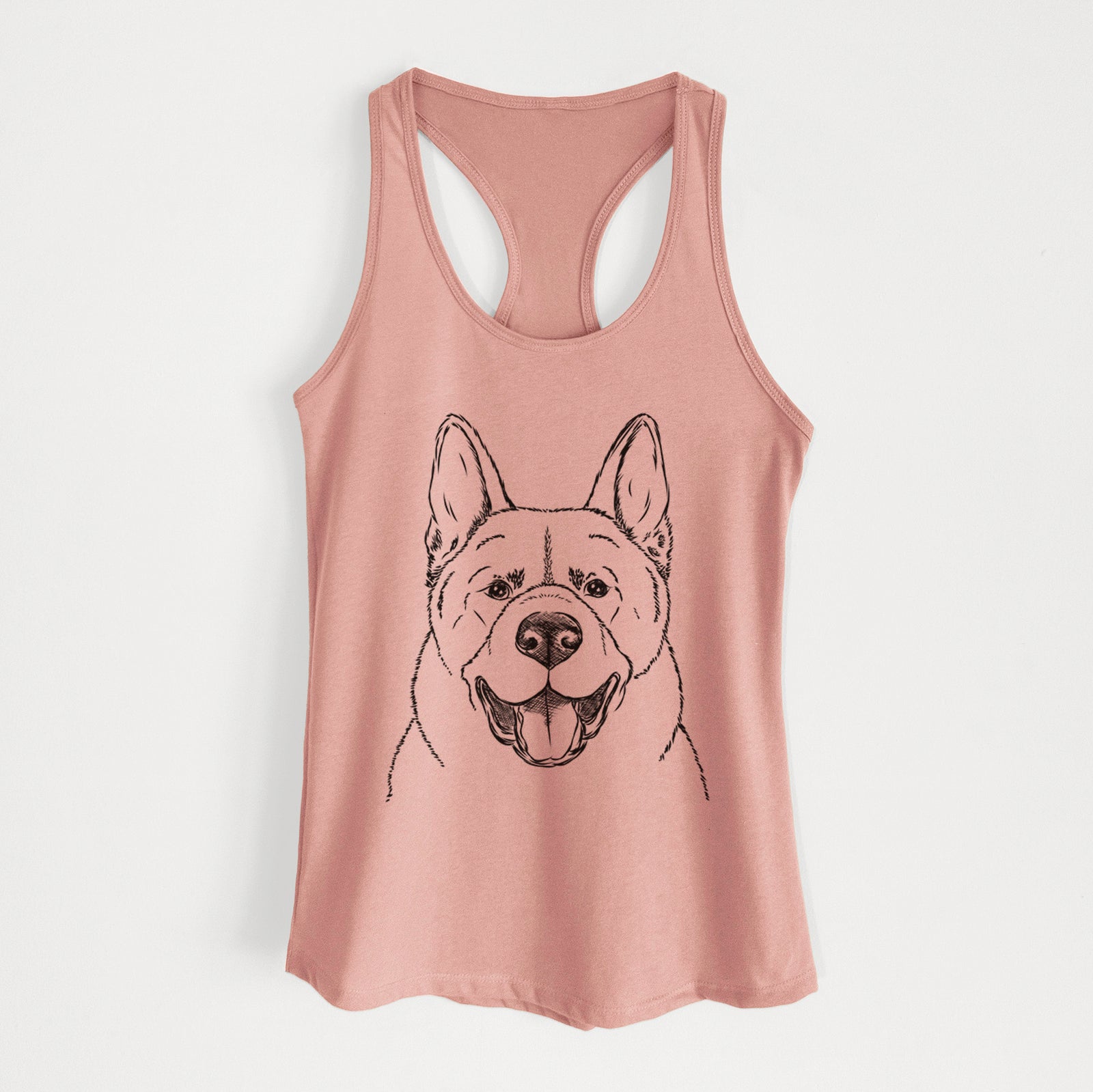 Hand-drawn sketch of Baku the Akita on a Desert Pink Women's racerback tanktop