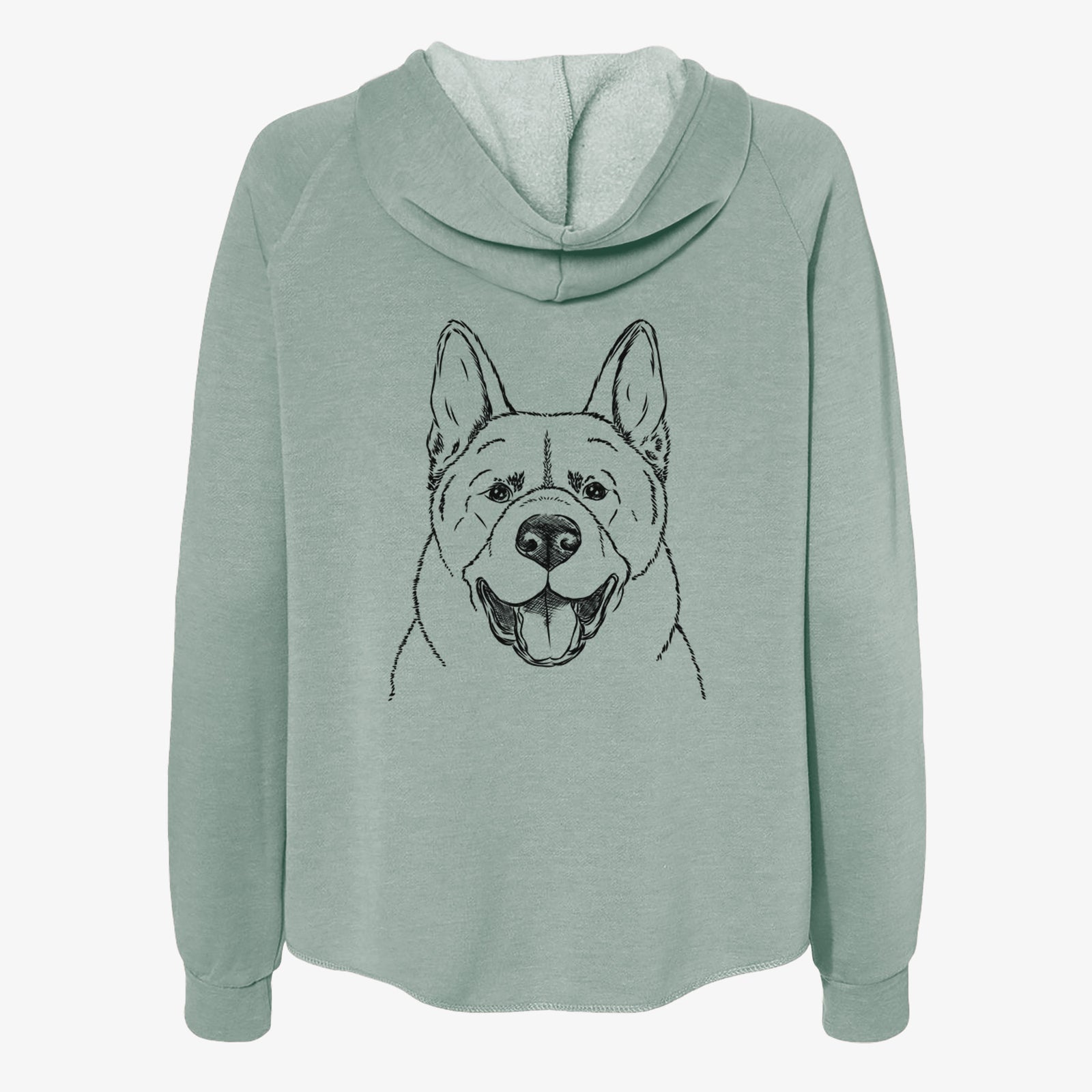 Hand-drawn sketch of Baku the Akita on a Sage Women's cali wave zip-up sweatshirt
