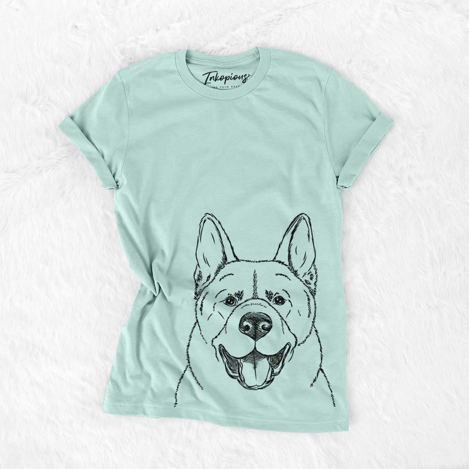 Hand-drawn sketch of Baku the Akita on a Heather Sage Bella Canvas Unisex Crewneck