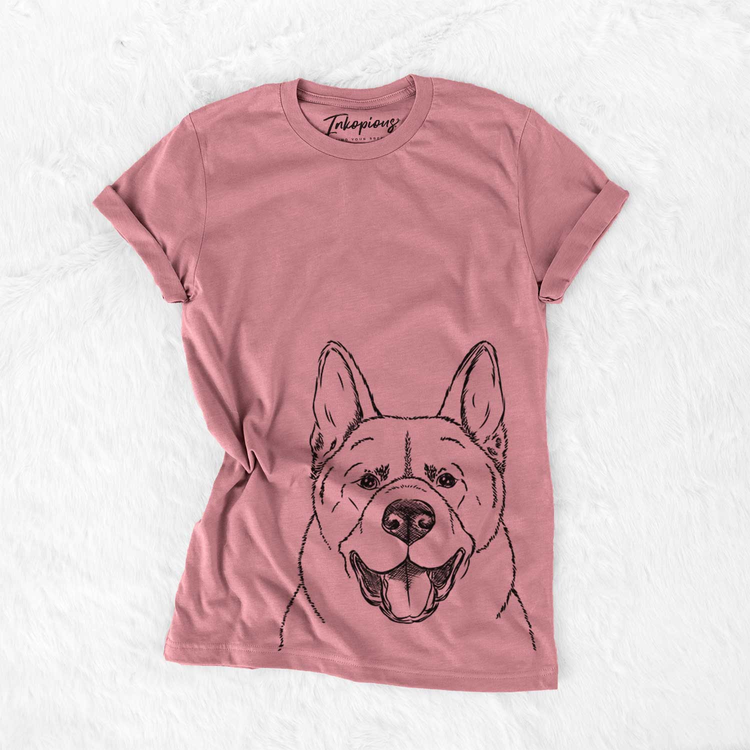 Hand-drawn sketch of Baku the Akita on a Mauve Bella Canvas Unisex Crewneck