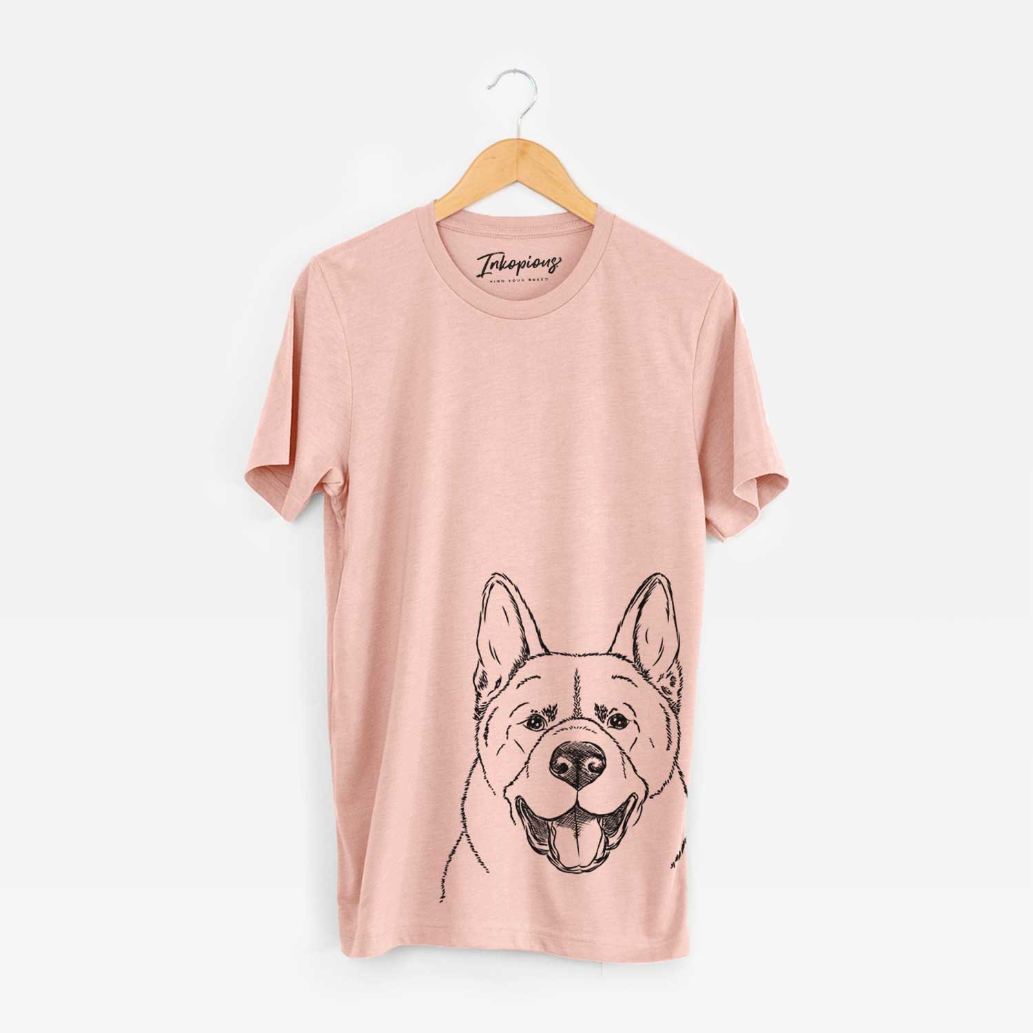 Hand-drawn sketch of Baku the Akita on a Peach Bella Canvas Unisex Crewneck