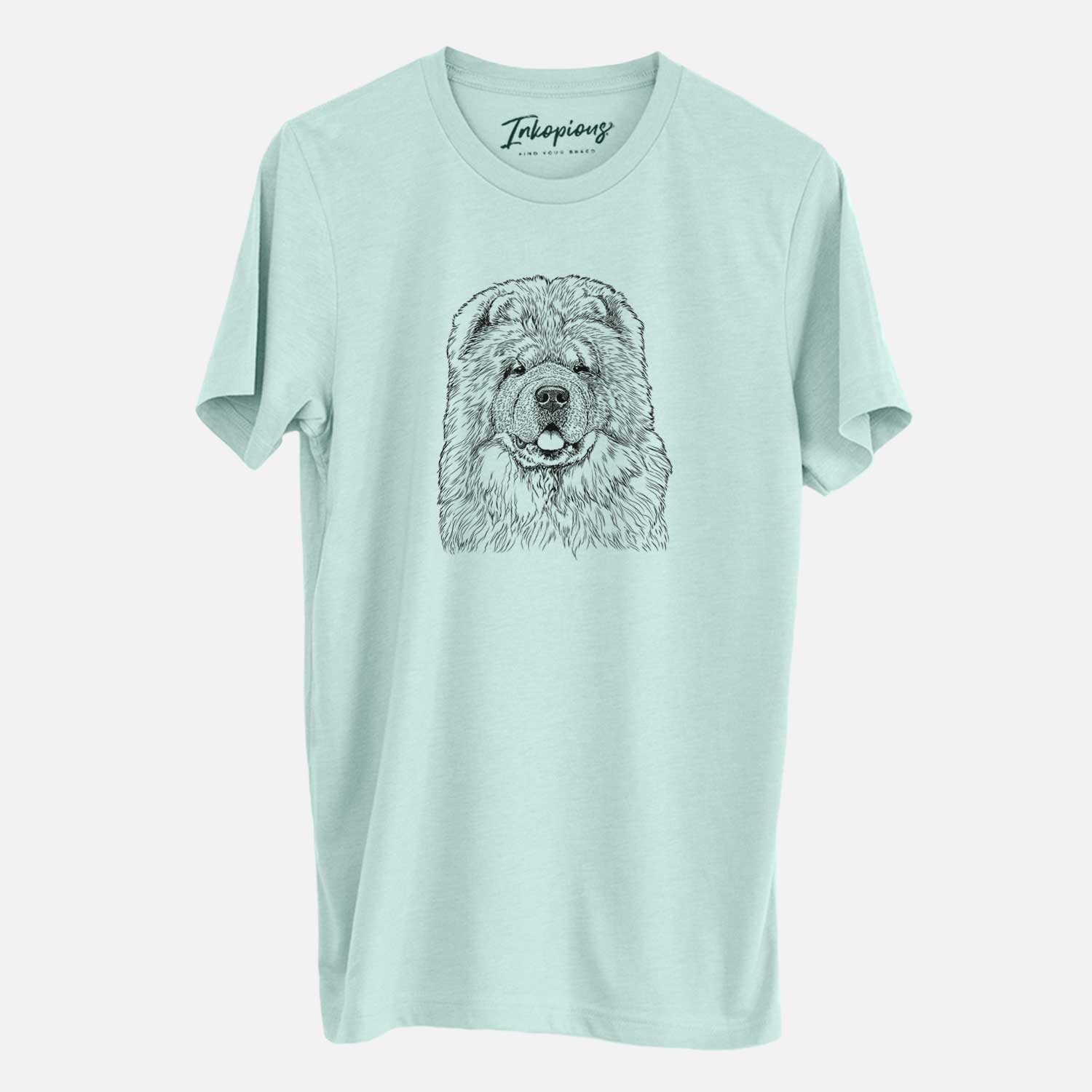 Hand-drawn sketch of Baloo the Chow Chow on a Heather Sage Unisex crewneck