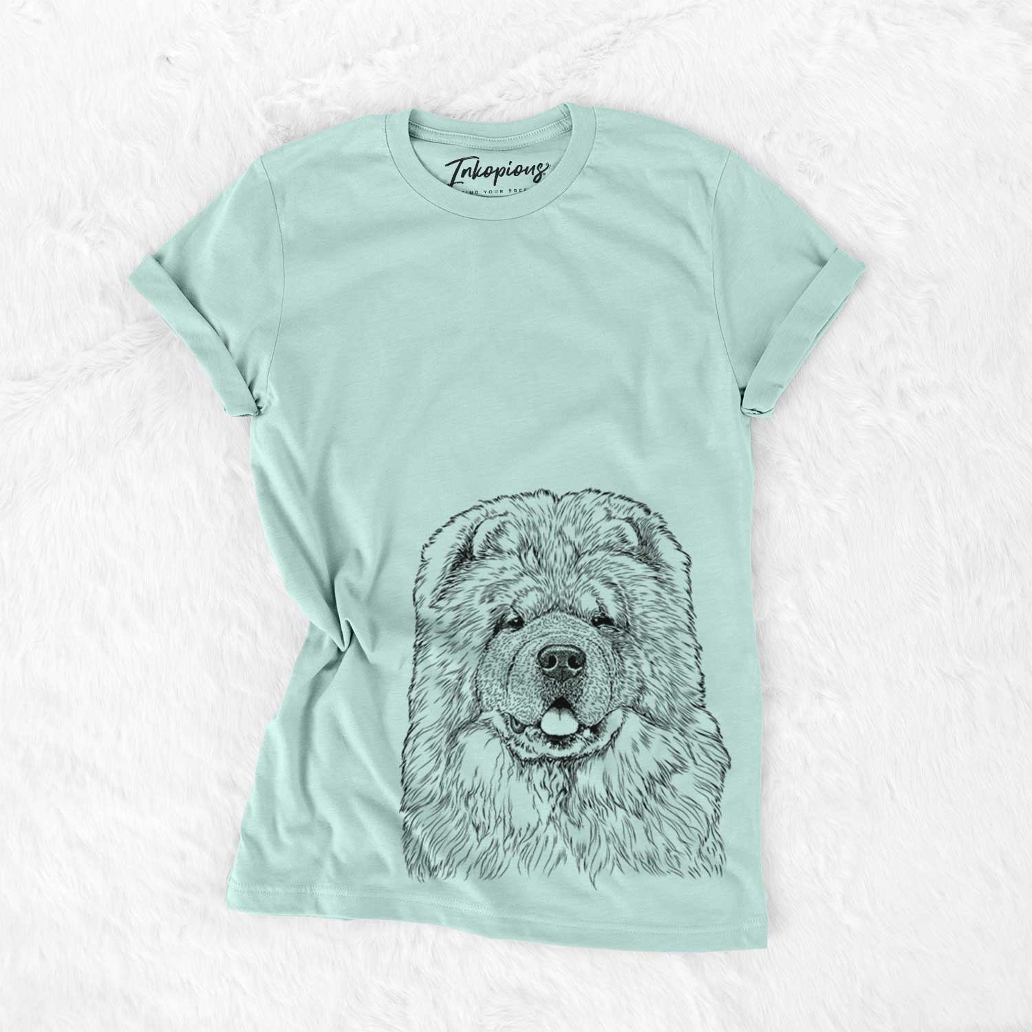 Hand-drawn sketch of Baloo the Chow Chow on a Heather Sage Unisex crewneck